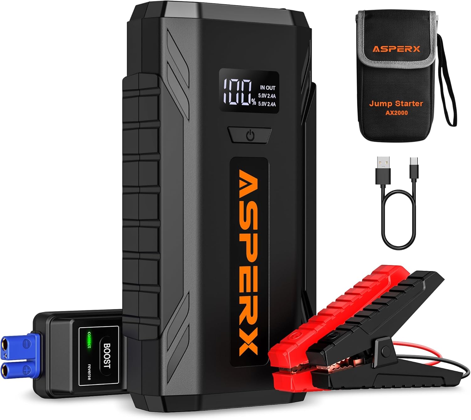 ASPERX Jump Starter, 2000A Peak Car Battery Jump Starter for Up to 8.0L Gas or 6.5L Diesel Engine, 12V Portable car Battery Booster, Jump Box with 1.4 INCH LCD Display