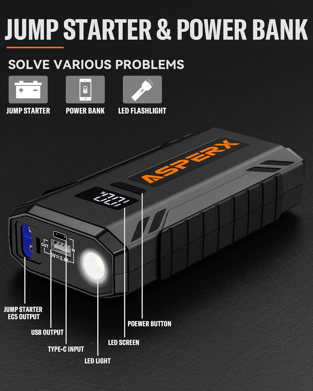 ASPERX Jump Starter, 2000A Peak Car Battery Jump Starter for Up to 8.0L Gas or 6.5L Diesel Engine, 12V Portable car Battery Booster, Jump Box with 1.4 INCH LCD Display