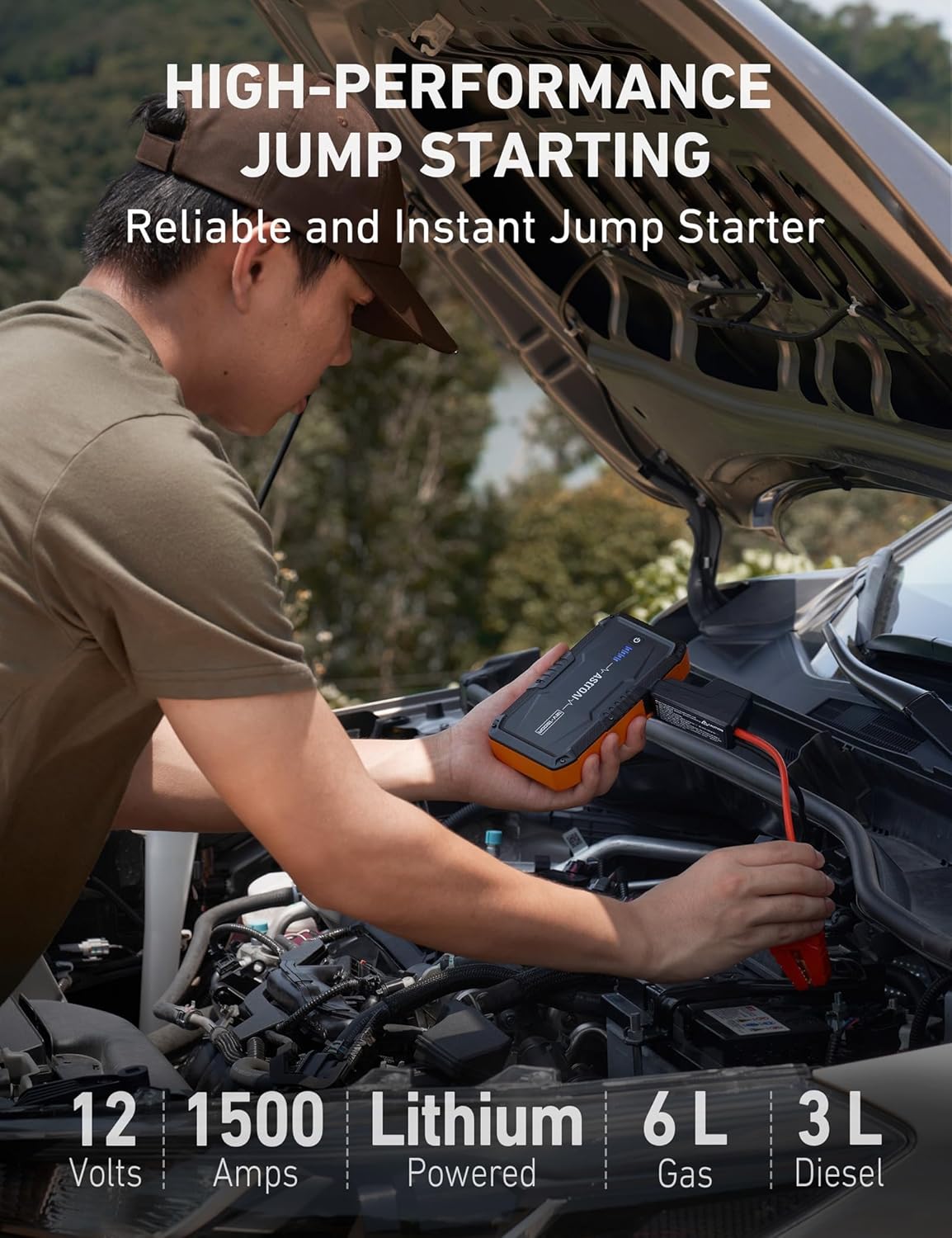 AstroAI S8 Car Battery Jump Starter, 1500A Peak Car Jumper Starter Battery Pack for Up to 6.0L Gas  3.0L Diesel Engines, 12V Portable Jump Box with 3 Modes Flashlight and Jumper Cable (Orange)