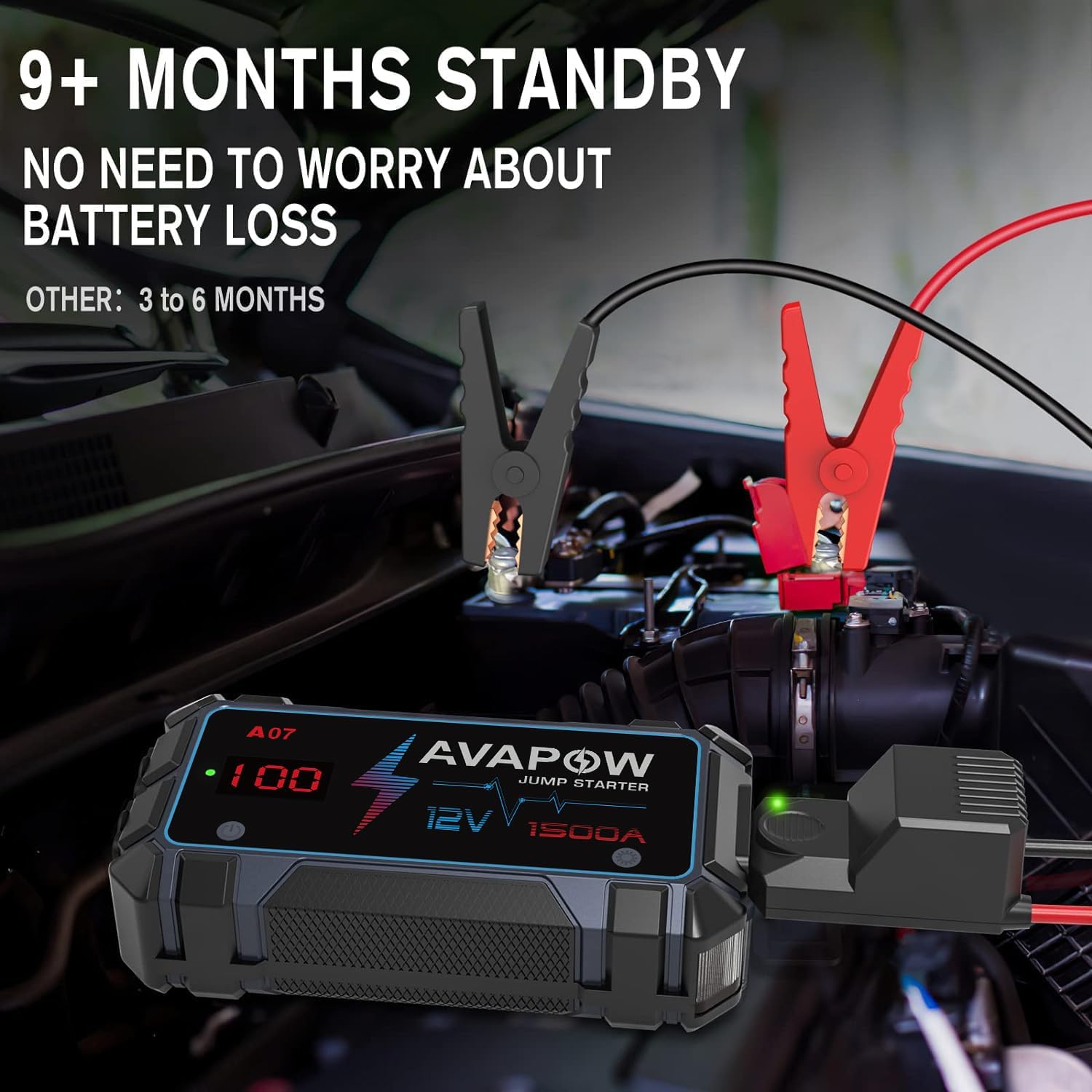 AVAPOW Car Jump Starter Battery Jumper Starter Portable Jump Boxes Car Battery Jump Starter Battery Pack with Jumper Cable 2000A for Vehicles (12V 8L Gas/6.5L Diesel Engine), LED Light/USB QC3.0