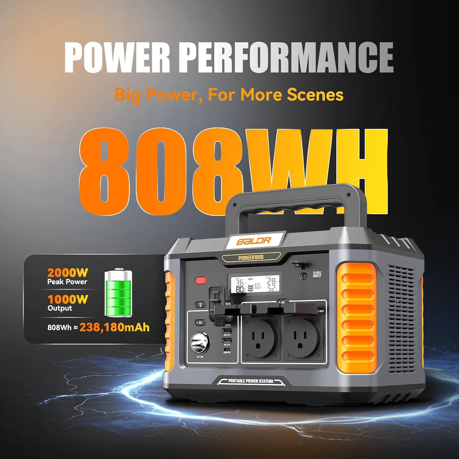 BALDR Portable Power Station, 1000W Output, 808Wh Capacity, AC Outlet, USB Ports, 110V Pure Sine Wave AC Outlet Backup Lithium Battery for Home Camping Emergency Use