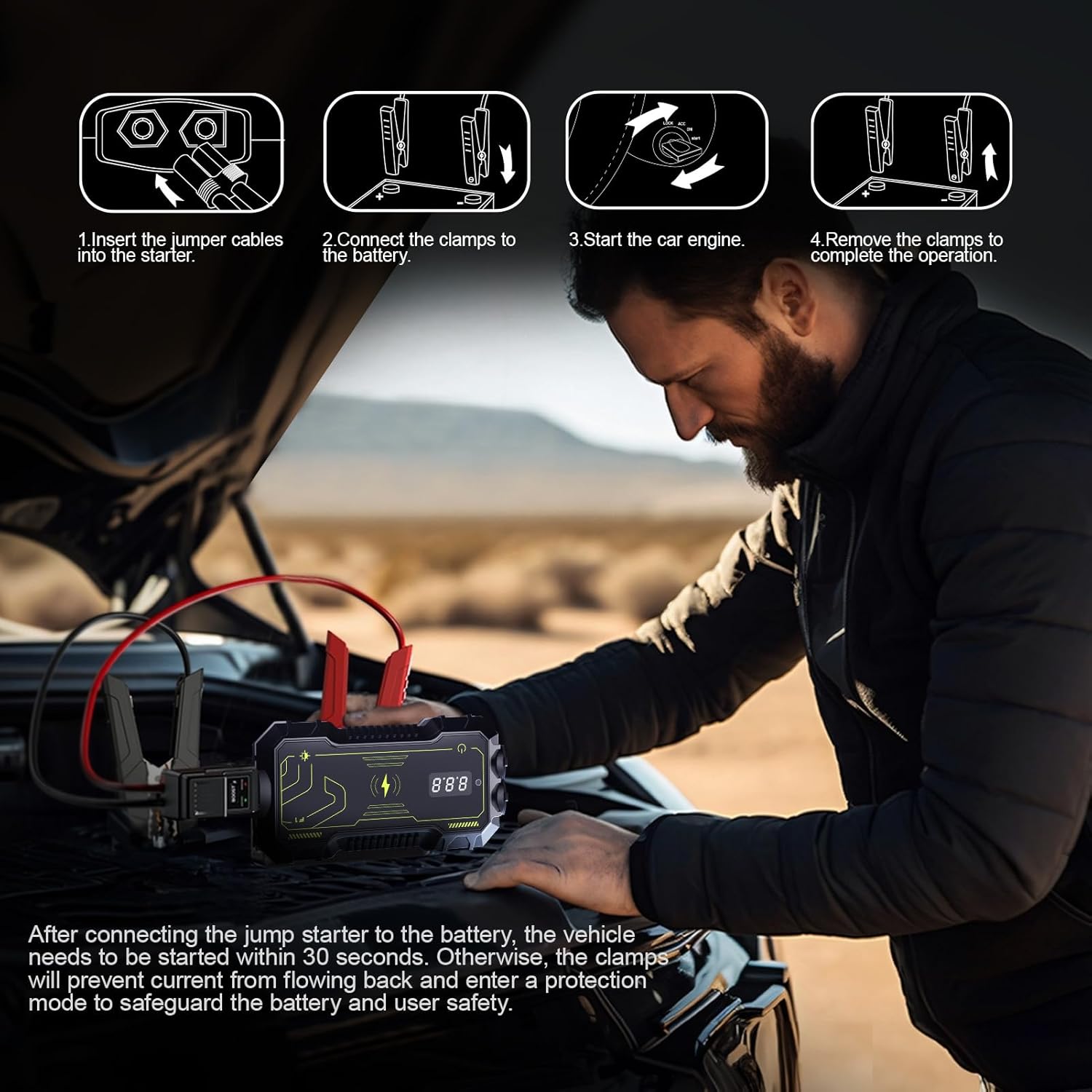 Battery Jumper Starter Portable with Wireless Charging,800-1500A Car Battery Jump Starter(8.0L Gas/6.0L Diesel),12v Jumper Cables,Jump Box for Car USB/180°Flashlight