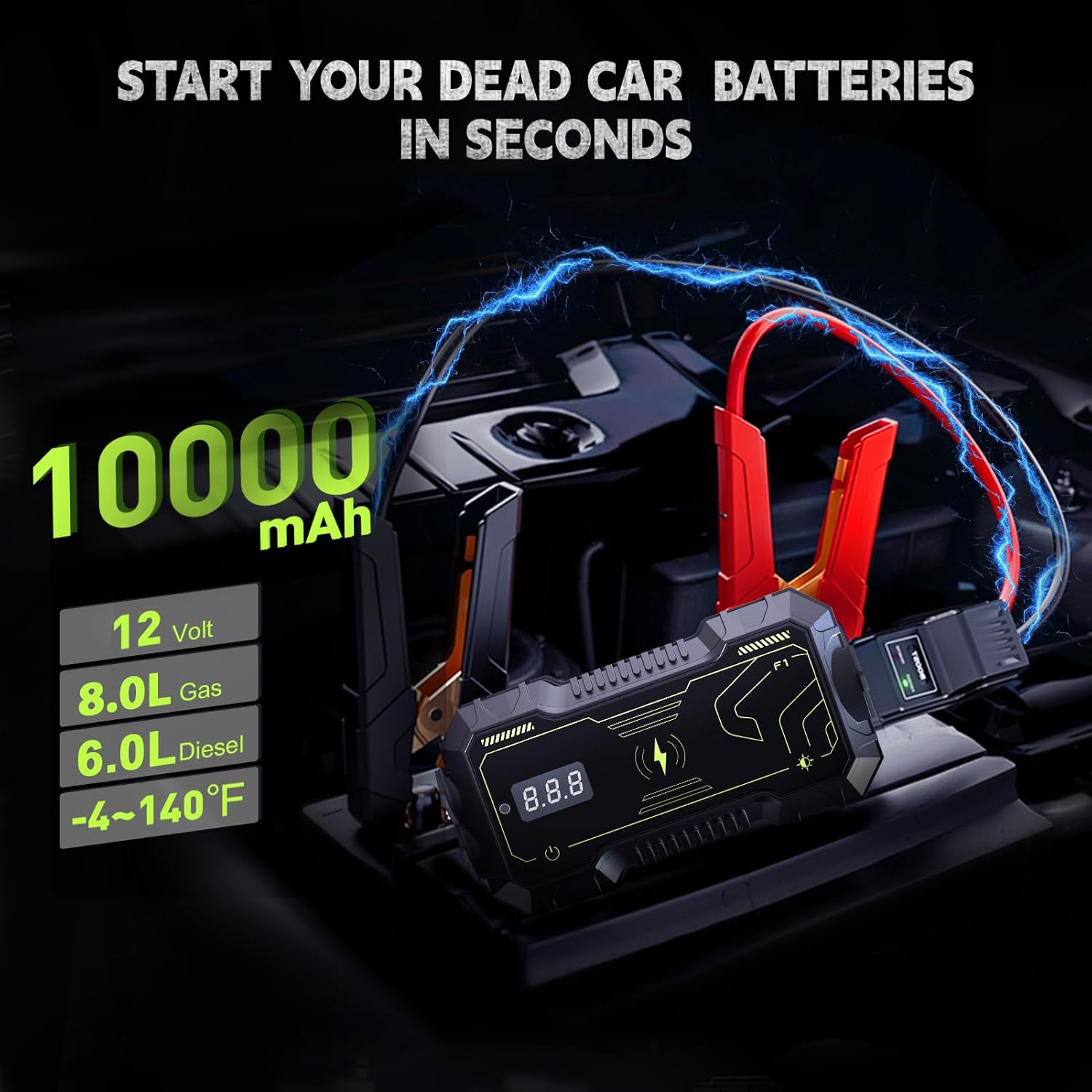 Battery Jumper Starter Portable with Wireless Charging,800-1500A Car Battery Jump Starter(8.0L Gas/6.0L Diesel),12v Jumper Cables,Jump Box for Car USB/180°Flashlight