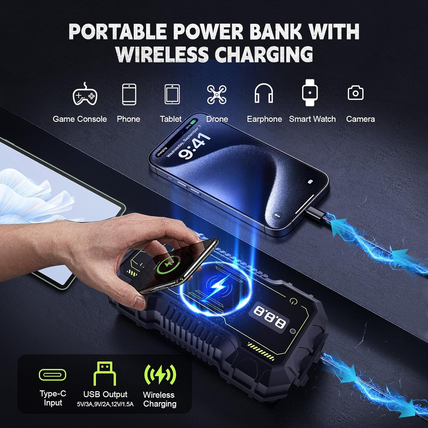 Battery Jumper Starter Portable with Wireless Charging,800-1500A Car Battery Jump Starter(8.0L Gas/6.0L Diesel),12v Jumper Cables,Jump Box for Car USB/180°Flashlight