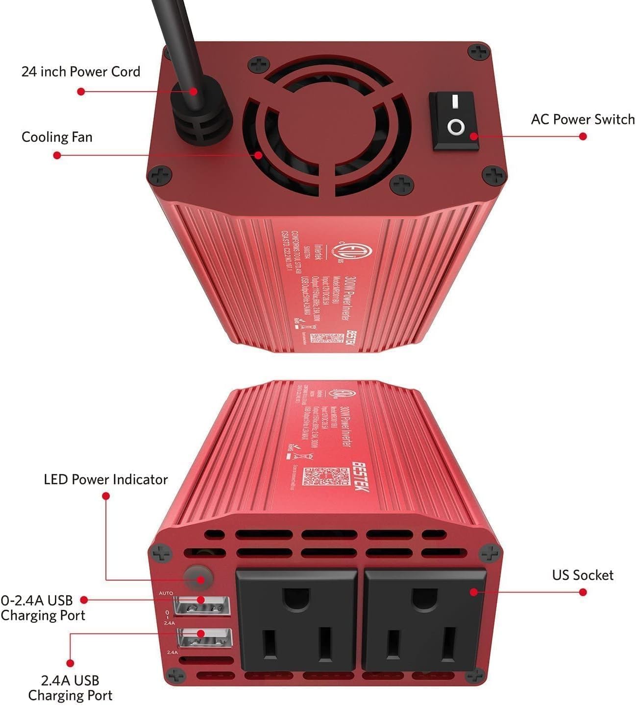 BESTEK 300W Car Power Inverter with 65W USB-C and QC3.0 Ports - 12V DC to 110V AC Converter for Vehicles with Multi-Protection - Red