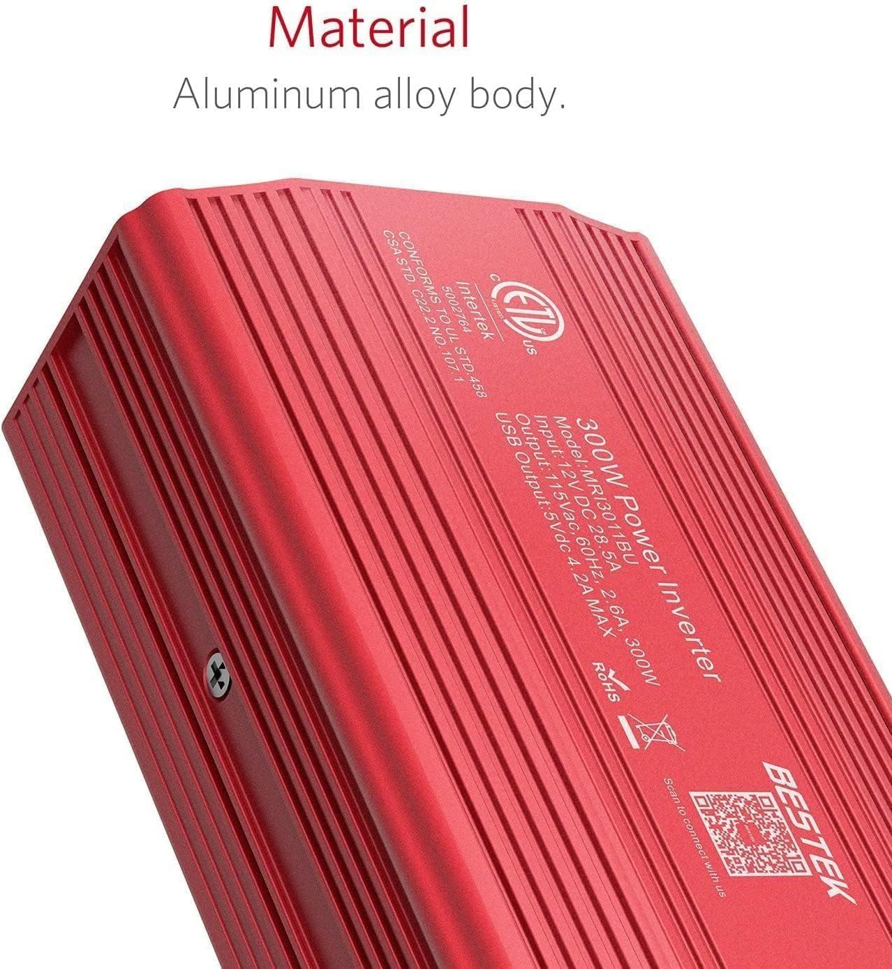 BESTEK 300W Car Power Inverter with 65W USB-C and QC3.0 Ports - 12V DC to 110V AC Converter for Vehicles with Multi-Protection - Red