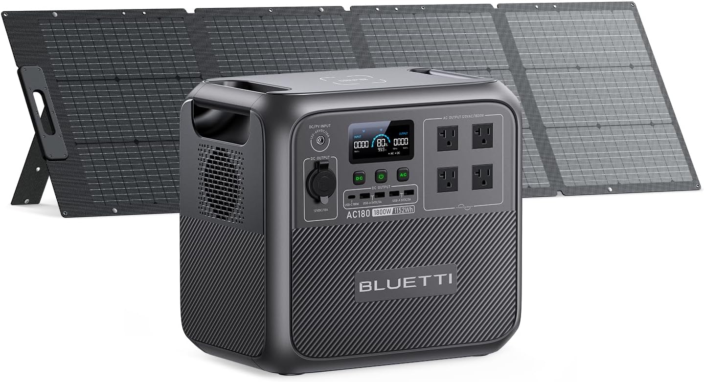 BLUETTI Solar Generator AC180 with 200W Solar Panel (Ships Separately), 1,152Wh Portable Power Station w/ 4 1,800W (2,700W Surge) AC Outlets, LFP Power for Camping, Off-Grid