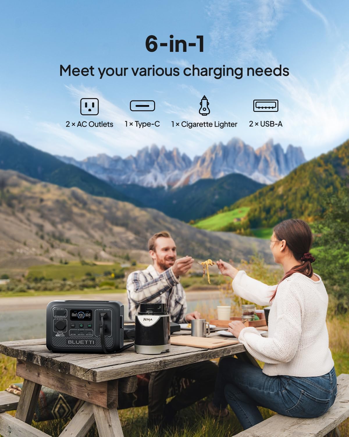 BLUETTI Solar Generator AC2A, 204Wh LiFePO4 Battery Backup w/ 2 300W (600W Power Lifting) AC Outlets, Recharge from 0-80% in 45 Min., for Camping (Solar Panel Optional)
