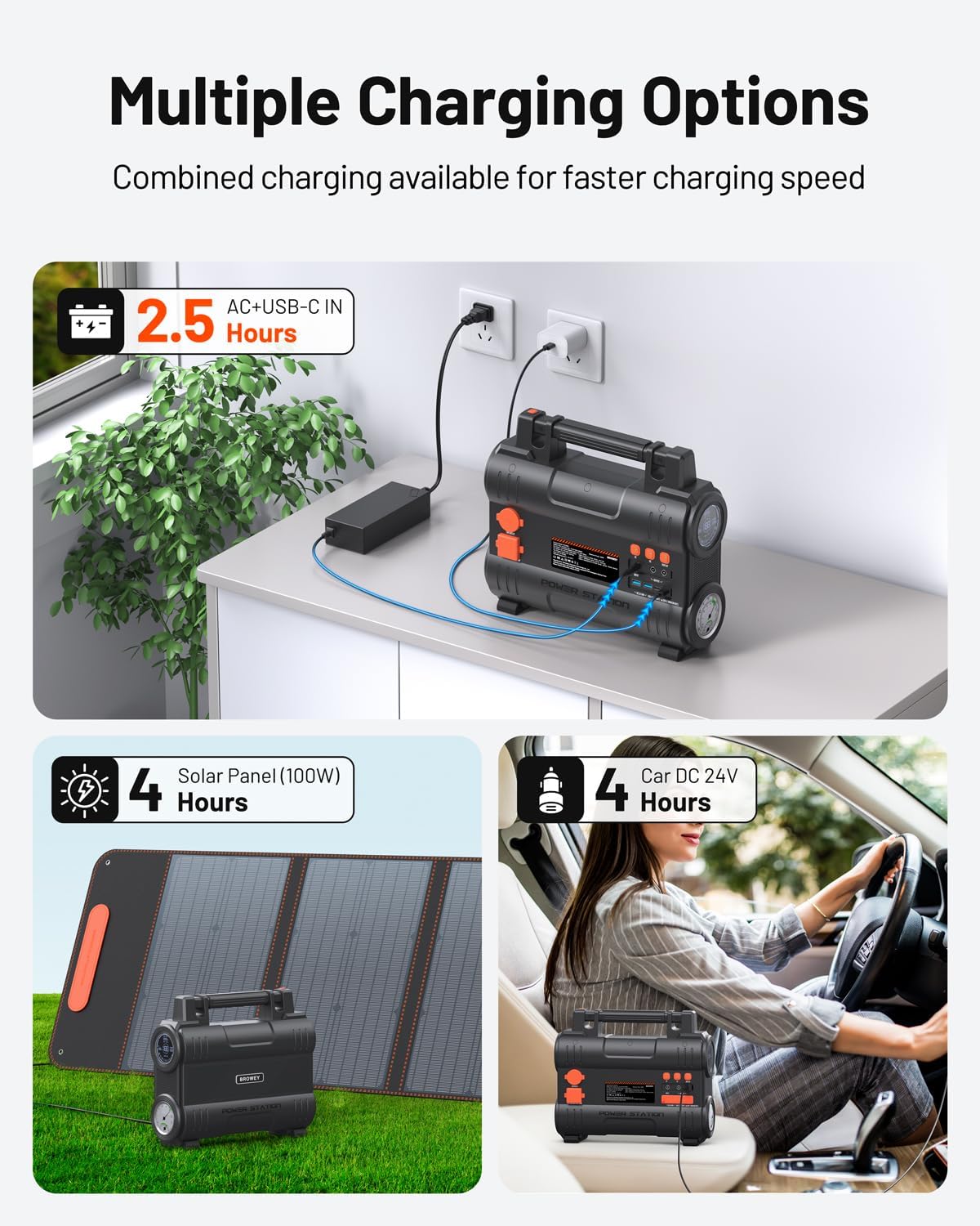BROWEY Portable Power Station 300W(Peak 600W) 288Wh LiFePO4 Battery Backup, Super Silent Solar Generator, USB-C PD100W, Pure Sine WaveAC Outlet, for CPAP Outdoor Camping Travel Emergency Home Use