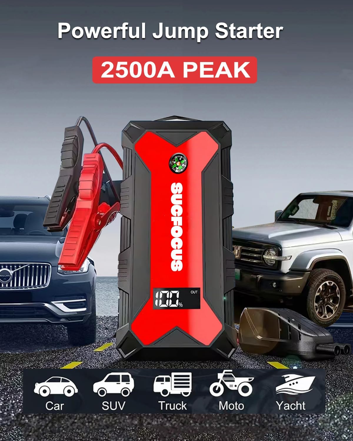 Car Battery Jump Starter, 2500A Battery Jumper Starter Portable (for 8.0L Gas or 6.5L Diesel Engine), Jump Box, Jump Start Battery Pack with Jumper Cables, LED Light, USB QC3.0 (Red)