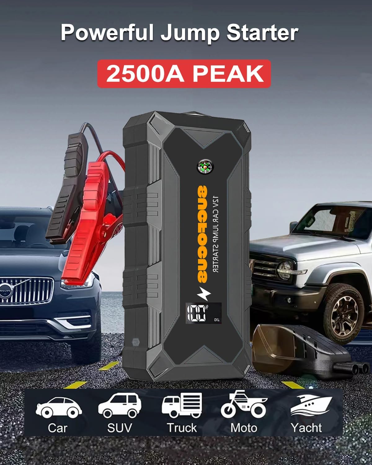 Car Battery Jump Starter, 2500A Battery Jumper Starter Portable (for 8.0L Gas or 6.5L Diesel Engine), Jump Box, Jump Start Battery Pack with Jumper Cables, LED Light, USB QC3.0 (Red)