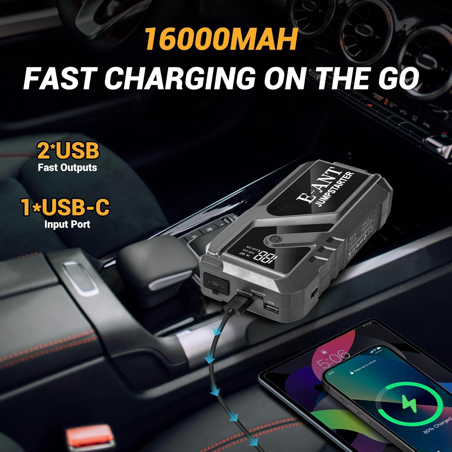 Car Battery Jump Starter, 4000A Car Jump Starter for 8.0L Gas or 5.0L Diesel Engine,12V Lithium Jump Box,LED Lights,Portable Power Bank USB QC3.0 Outputs Charger