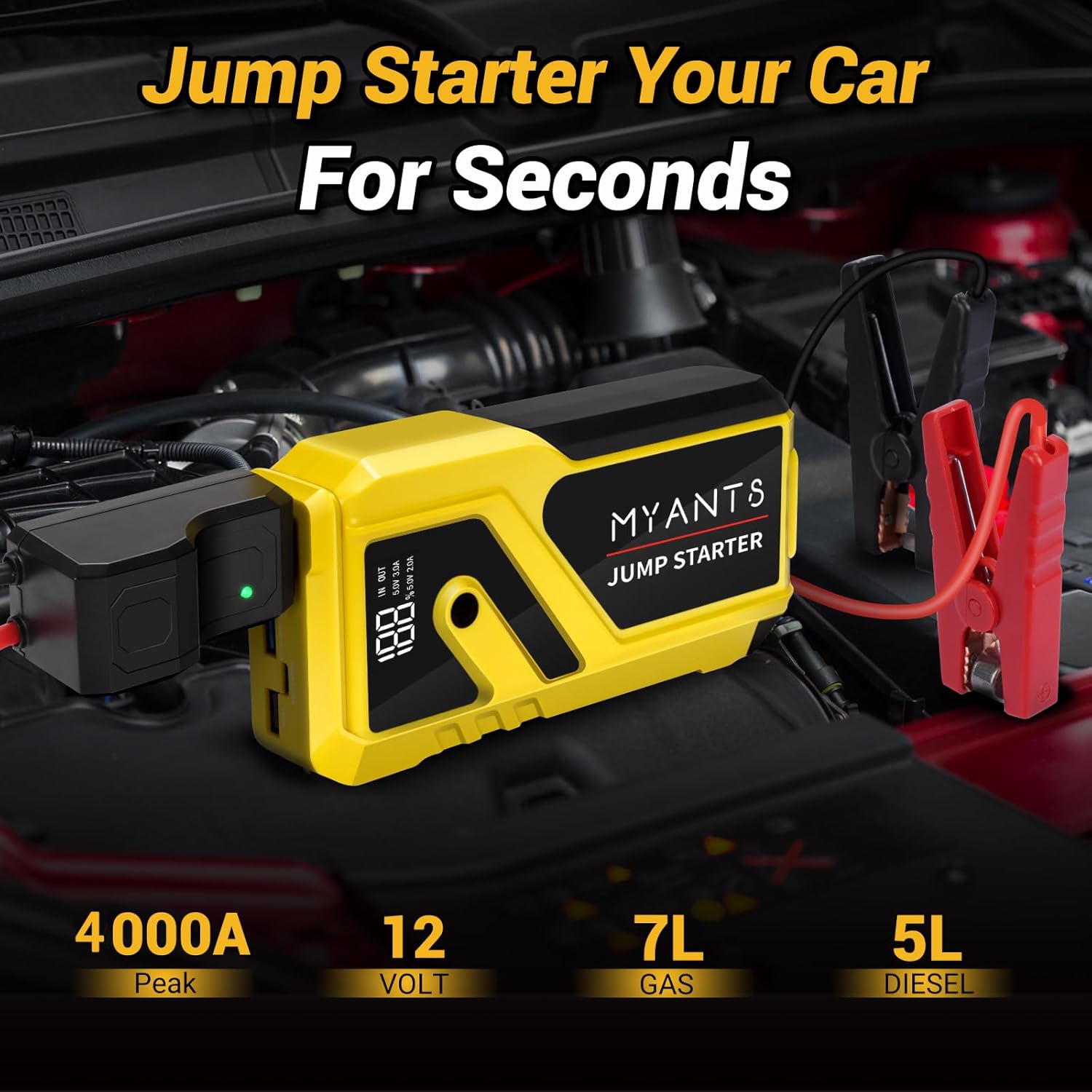 Car Battery Jump Starter, 4000A Jump Starter Battery Pack for Up to 8.0L Gas and 5.0L Diesel Engines, 12V Car Jumper Starter Portable with Full LCD Screen  LED Light  USB