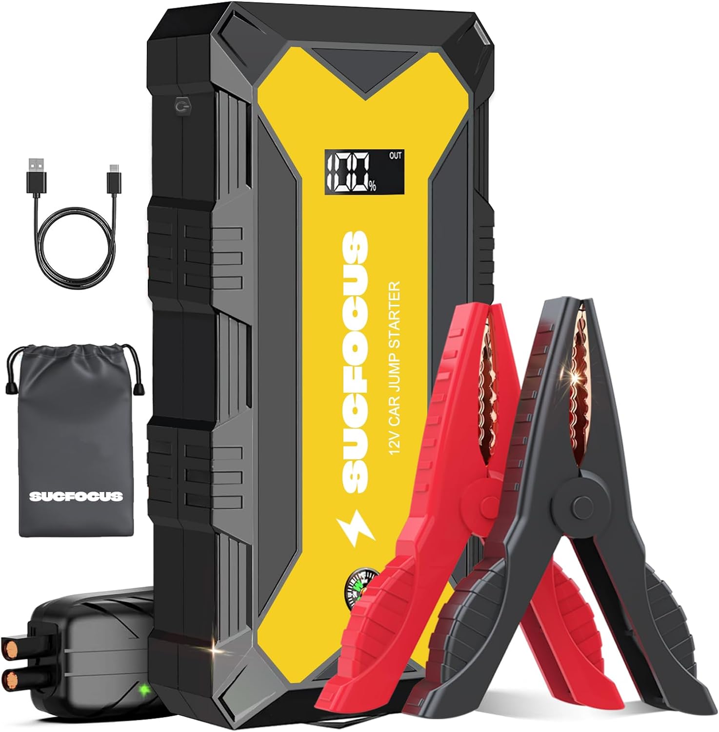 Car Battery Jump Starter, SUCFOCUS Jumper Starter Portable 2500A(for 8.0L Gas or 6.5L Diesel Engine),12V Lithium Jump Box Booster Power Pack LED Lights, QC3.0 Power Bank(Yellow)