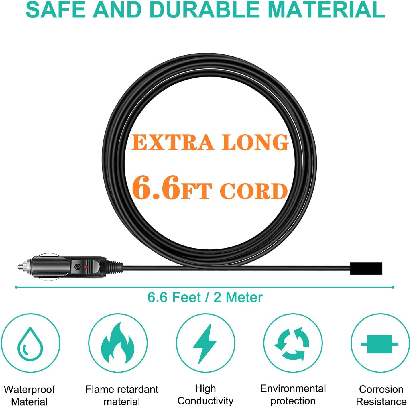 Car Charging Cable Compatible with BLUETTI AC180 / AC60 / B80 Portable Power Station Solar Generator BLUETTI X60 CPAP Battery Backup Charger 12V/24V Cigarette Lighter Plug 6.6Ft DC Power Cord