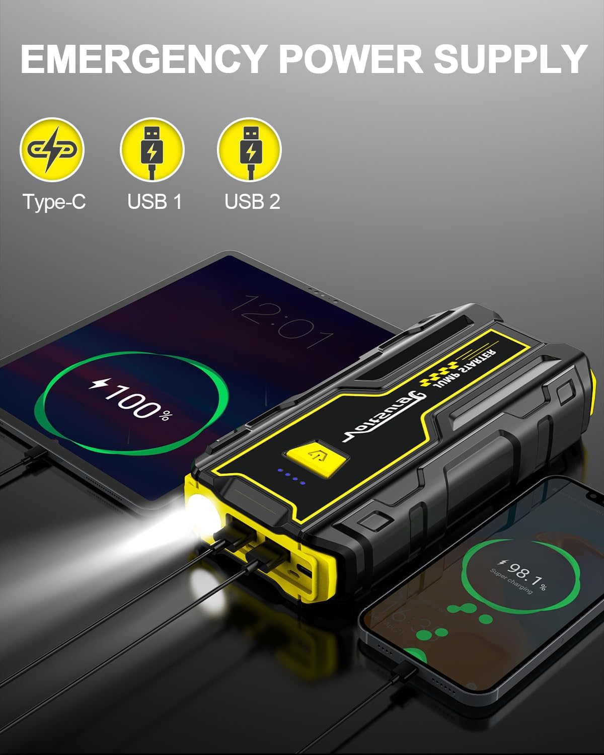 Car Jump Starter, 2000A Battery Jumper Starter Portable (Engines up to 7.0L Gas / 5.5L Diesel) 12V, Car Battery Charger, LED Flashlight with USB Ports