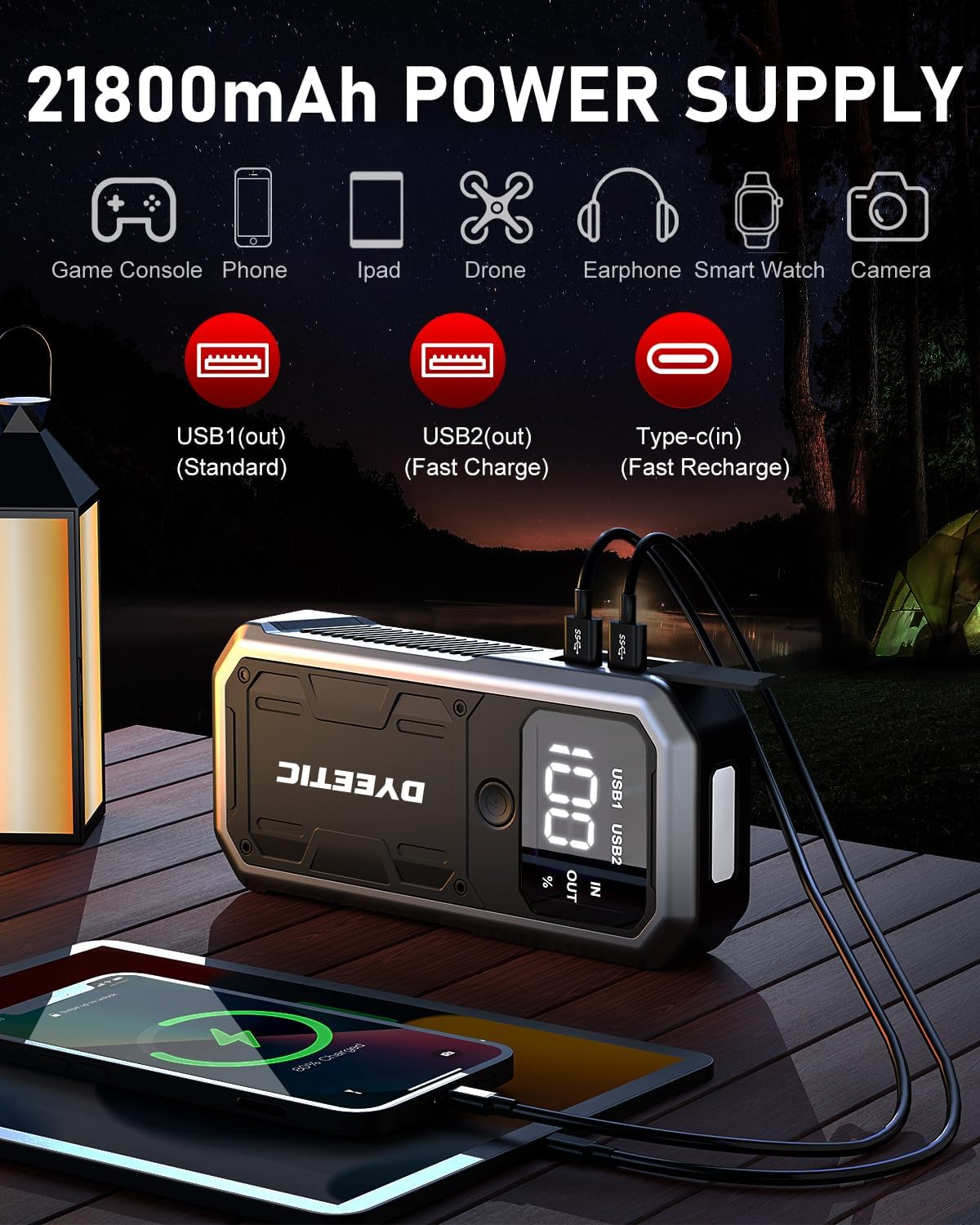 Car Jump Starter 3500A, Jump Starter Portable Battery Pack (10.0L Gas / 8.0L Diesel Engines), 12V 21800mAh Jump Box Car Lithium Battery Booster with Power Bank, LED Light, USB Port
