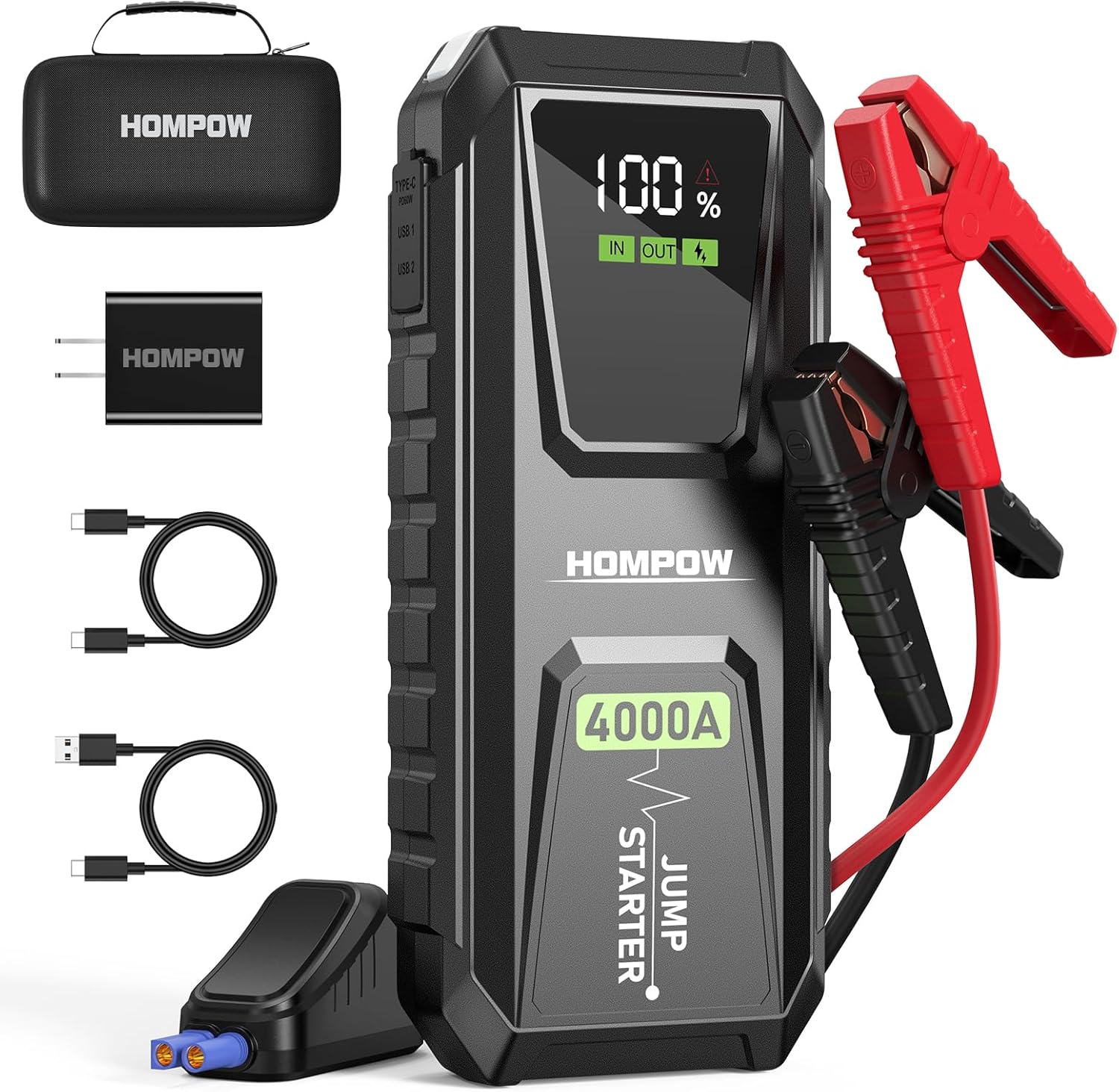 Car Jump Starter, 4000A Peak Jump Starter Battery Pack with 60W Fast-Charging Port(Up to All Gas and 10L Diesel Engine), 12V Portable Auto Battery Jump Box with LED Flashlight, and AC Adapter