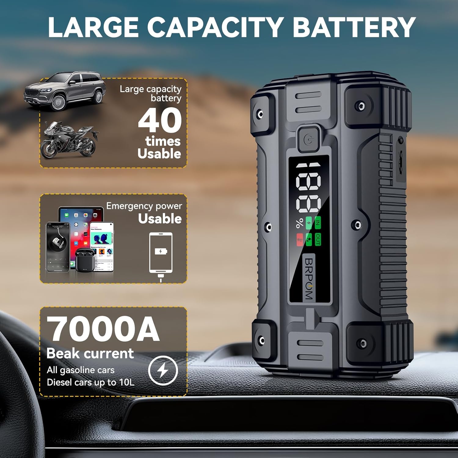 Car Jump Starter, 7000A Peak 26800mAh (Up to All Gas or 10.0L Diesel Engine, 50 Times) 12V Auto Booster Battery Charger Jump Box with Quick Charger Smart Jump Cables with LED Screen