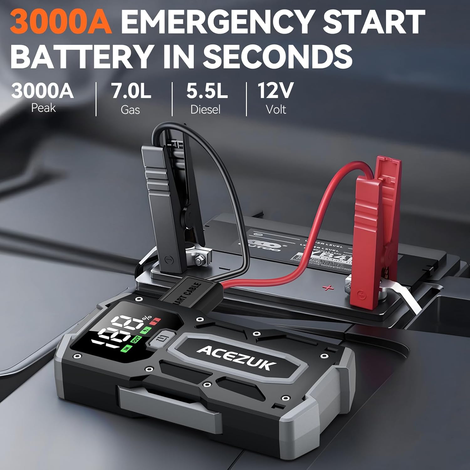Car Jump Starter,12V 8-in-1 Jump Starter Battery Pack 3000A, Up to 7.0L Gas  5.5L Diesel Engines Quick Charge 3.0 Power Bank Jumper Cable with LED,Large Screen