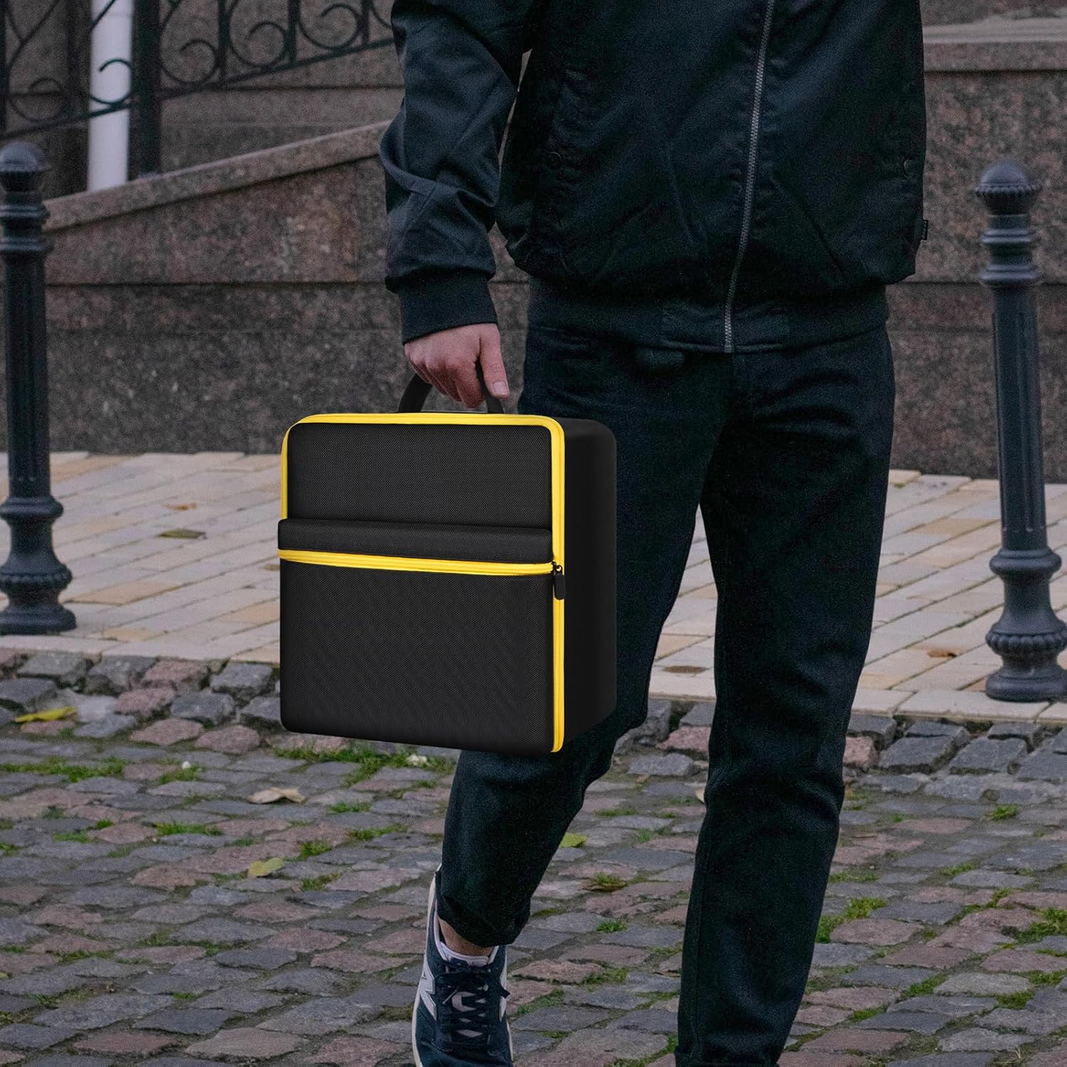 Car Jumper Starter Storage Bag Compatible with DEWALT DXAEJ14 Digital Portable Power Station Air Compressor, Carrying Case Holder Container (Black with Yellow Zipper Case Only)