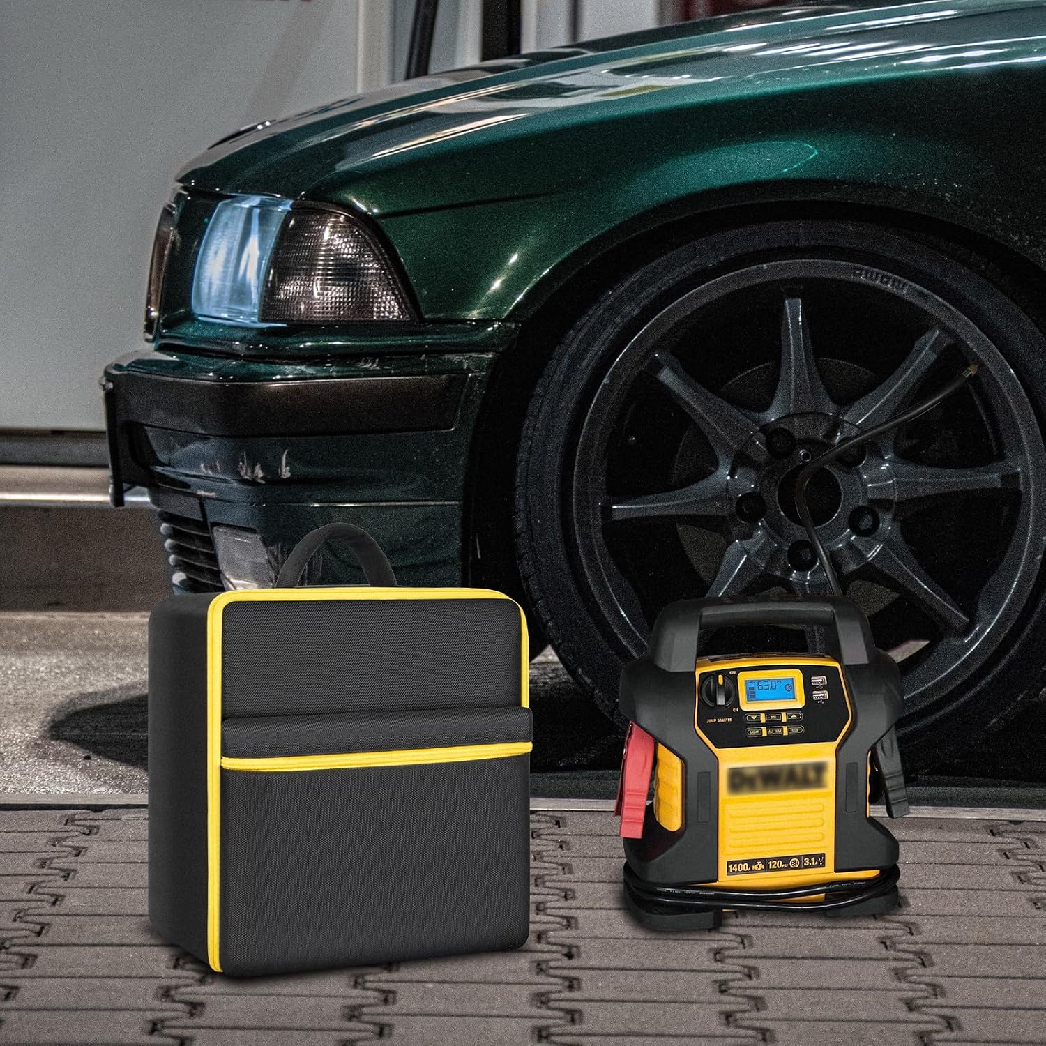Car Jumper Starter Storage Bag Compatible with DEWALT DXAEJ14 Digital Portable Power Station Air Compressor, Carrying Case Holder Container (Black with Yellow Zipper Case Only)