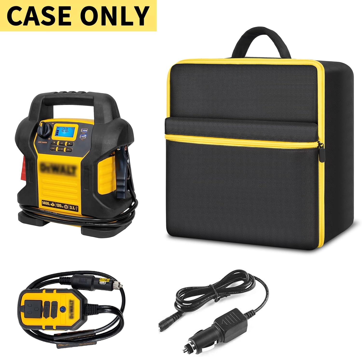 Car Jumper Starter Storage Bag Compatible with DEWALT DXAEJ14 Digital Portable Power Station Air Compressor, Carrying Case Holder Container (Black with Yellow Zipper Case Only)