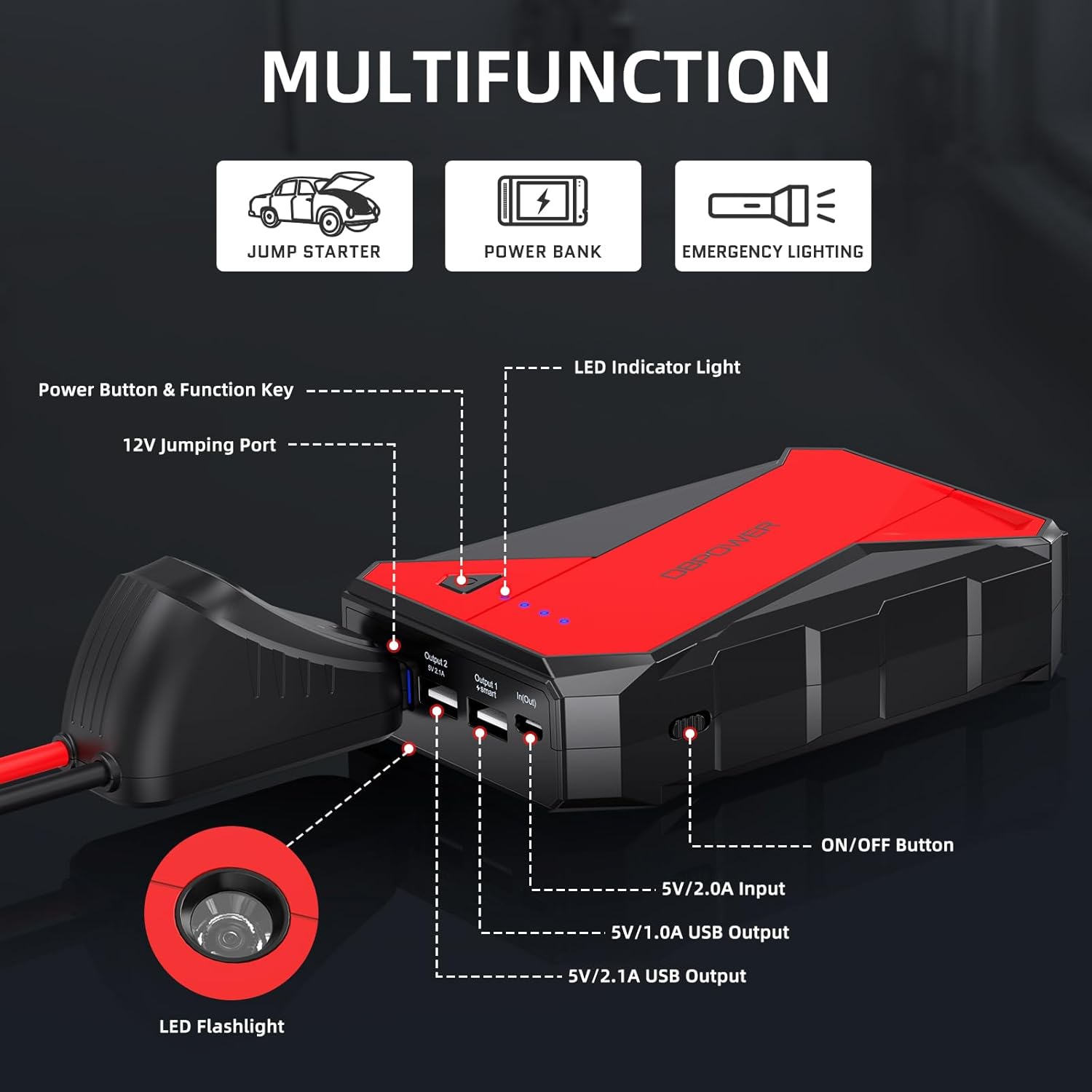 DBPOWER 1000A Portable Car Jump Starter (UP to 7.0L Gas, 5.5L Diesel Engine), 12V Lithium-Ion Auto Battery Booster, Power Pack with LCD Screen Clamp Cables,USB Quick Charge, LED Flashlight