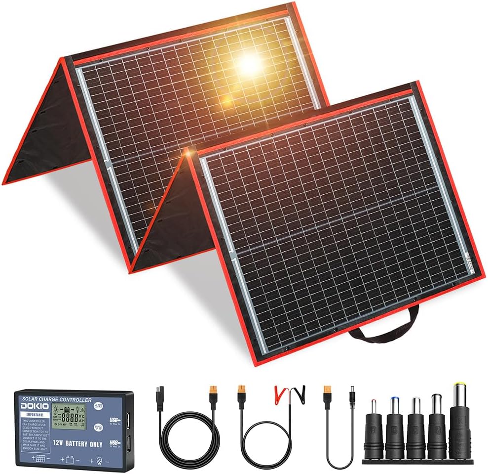 DOKIO 160w 18v Portable Foldable Solar Panel Kit (22x21inch, 9lb) Solar Charger with Controller 2 USB Output to Charge 12v Batteries/Power Station (AGM, Lifepo4) Rv Camping Trailer Emergency Power………
