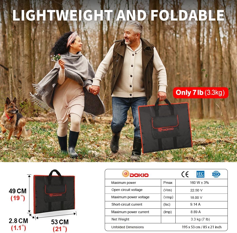 DOKIO 220W 18V Portable Solar Panel Kit Folding Solar Charger with 2 USB Outputs for 12v Batteries/Power Station AGM LiFePo4 RV Camping Trailer Car Marine