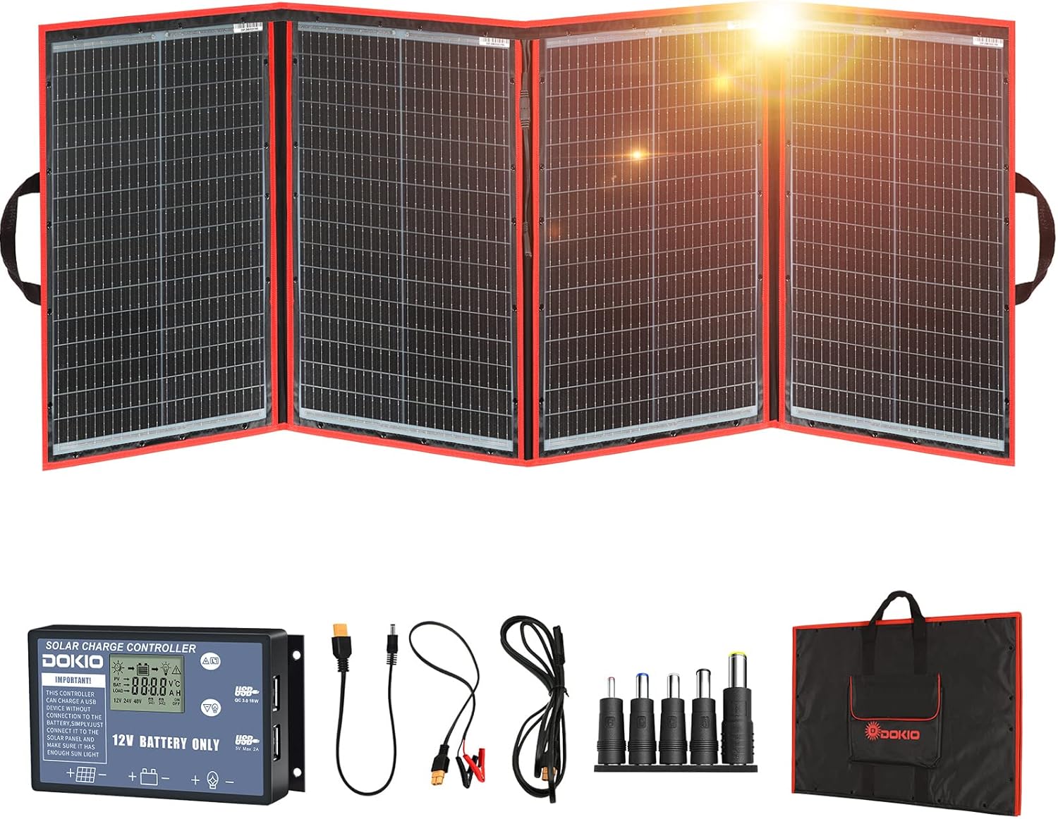 DOKIO 220W 18V Portable Solar Panel Kit Folding Solar Charger with 2 USB Outputs for 12v Batteries/Power Station AGM LiFePo4 RV Camping Trailer Car Marine