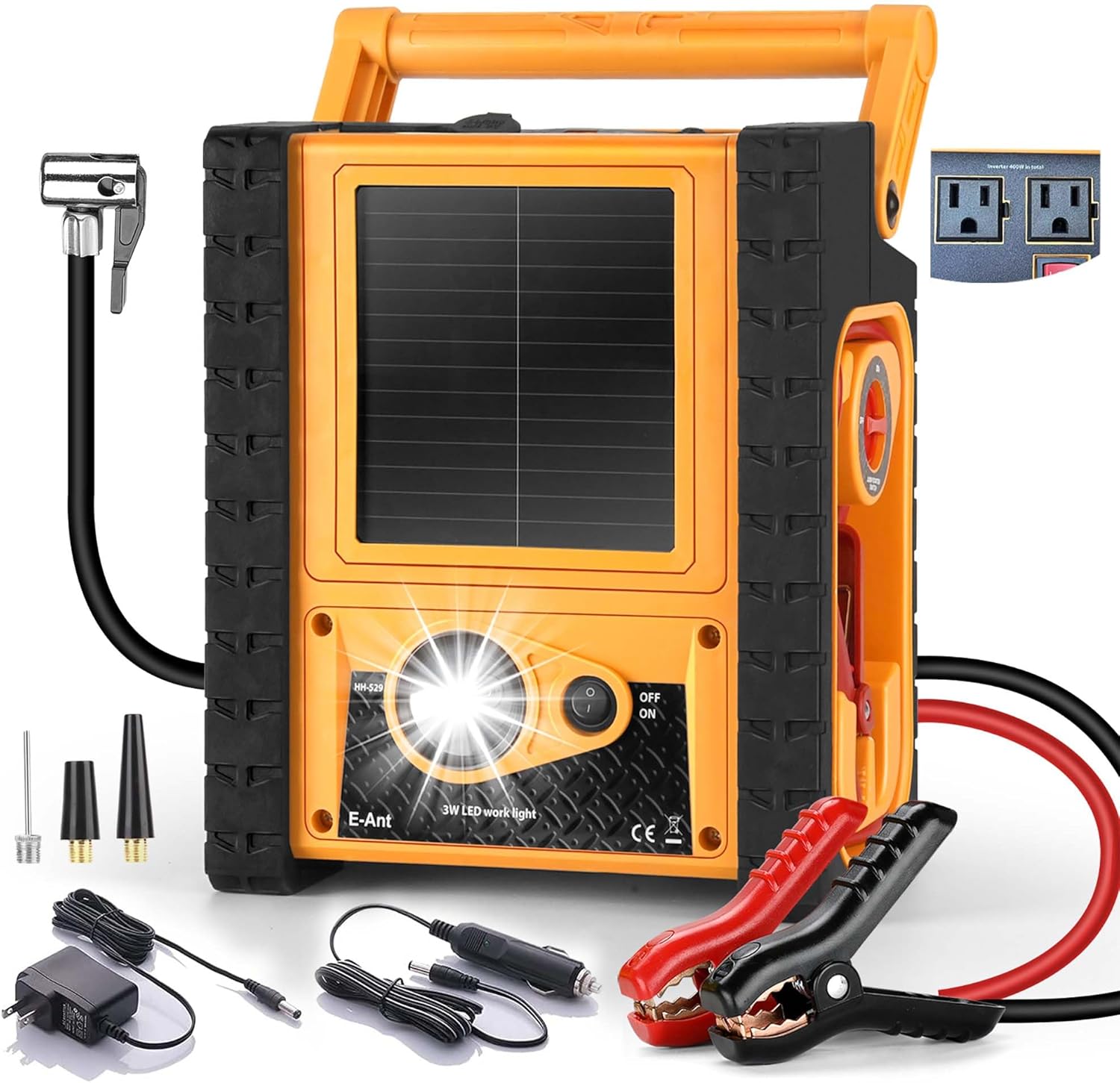 E-Ant 2000A Car Jump Starter with Air Compressor, 5W Solar Panel Portable Power Station, Tire Inflator 260PSI, Car Battery Charger with Inverter Dual 400W AC DC USB Ports, 12V Battery Pack Jump Box