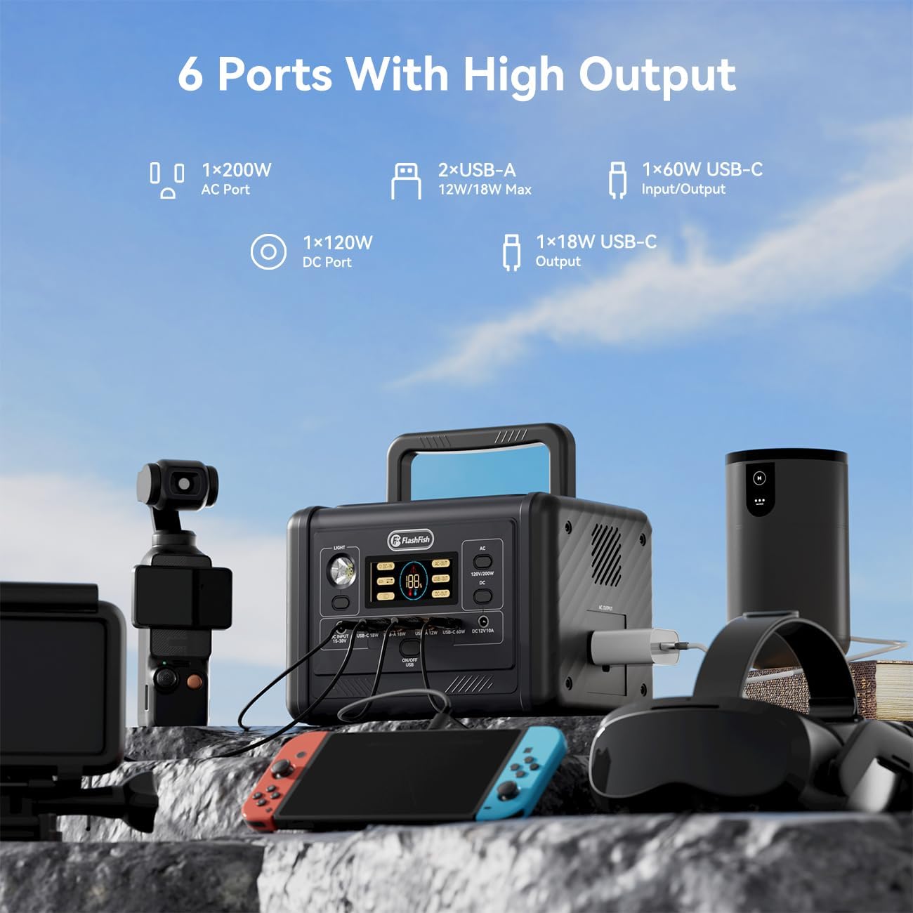 FF Flashfish T300pro Portable Power Station, 230Wh LiFePO4 Battery Pack, Solar Generator with 300W (600W Surge) AC Outlets, 100W PD, 1.2 Hr Fast Charge, Backup Power for Camping, RV, Emergencies