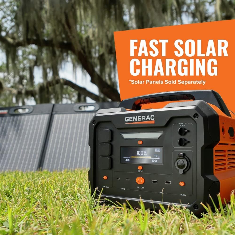 Generac 1086Wh Portable Power Station with Lithium-Ion Battery - Clean, Emission-Free Power - Wirless Charging Pad and Compact Design - Camping, RV, Indoor/Outdoor Use - Orange/Black