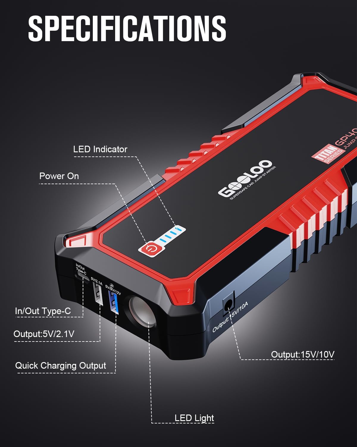 GOOLOO 4000A Peak Car Jump Starter 12V Auto Battery Booster SuperSafe Lithium Jump Box for All Gas, Up to 10.0L Diesel Engine, Portable Power Pack with USB Quick Charge and Type C Port, Orange