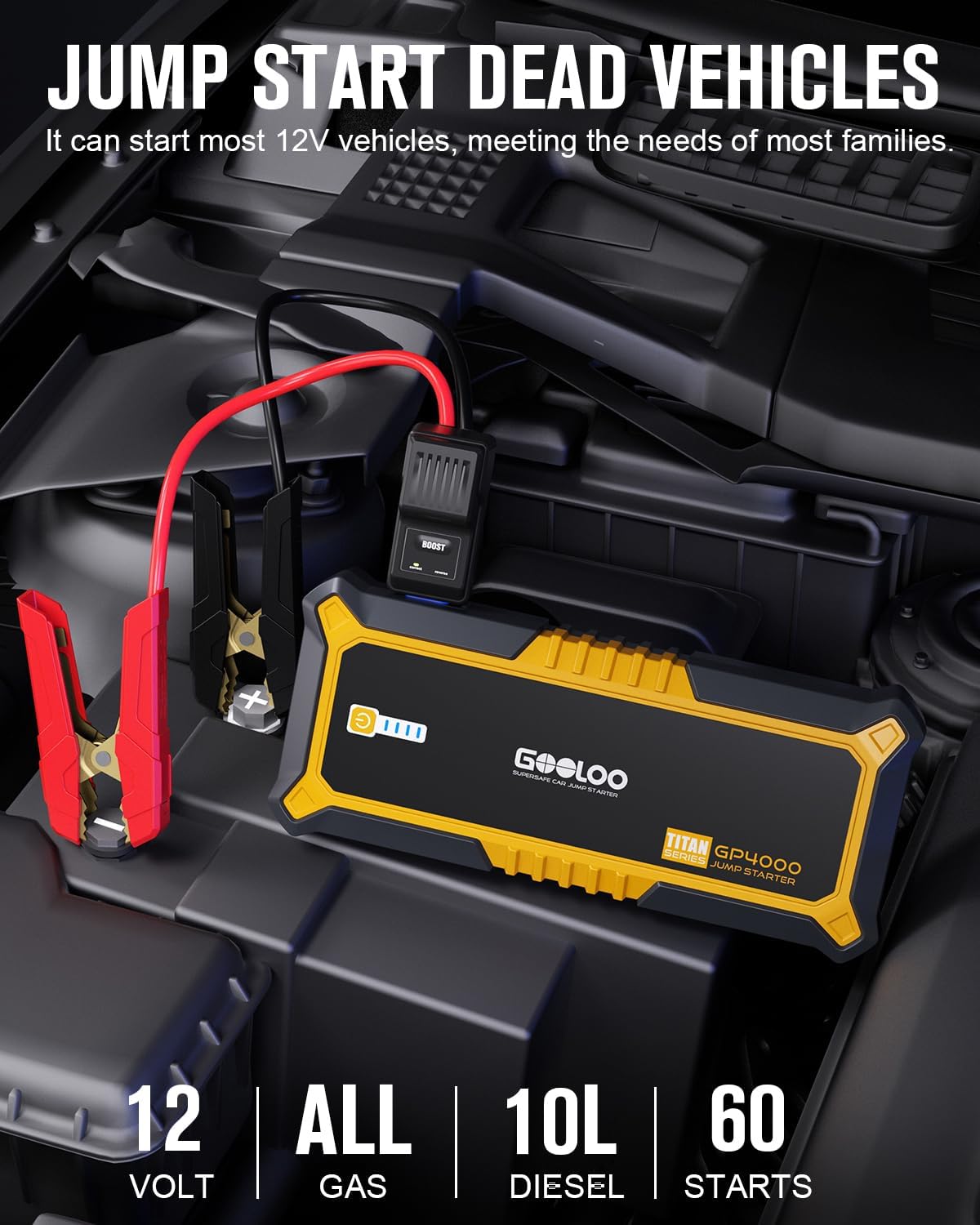 GOOLOO 4000A Peak Car Jump Starter 12V Auto Battery Booster SuperSafe Lithium Jump Box for All Gas, Up to 10.0L Diesel Engine, Portable Power Pack with USB Quick Charge and Type C Port, Orange