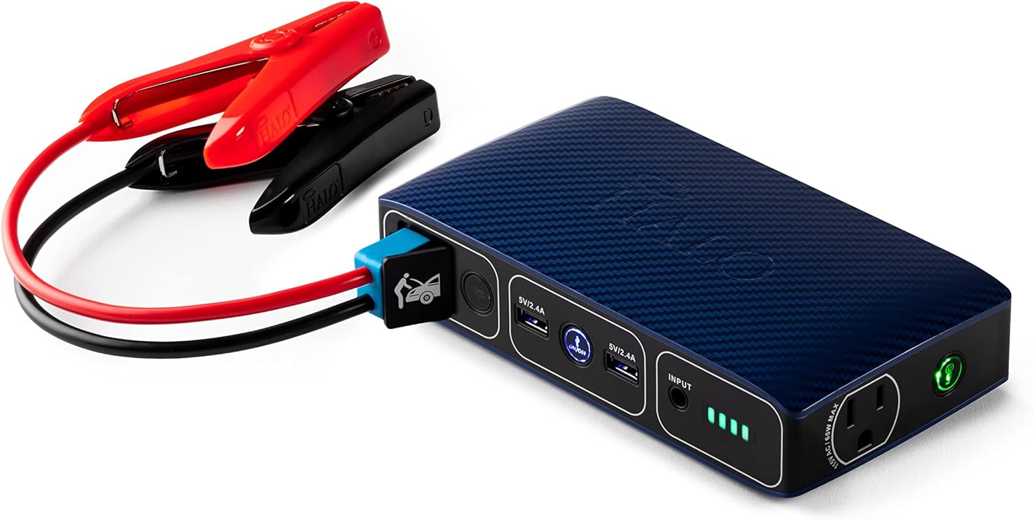 HALO Bolt 58830 ACDC Portable Car Battery Jump Starter | 58.8Wh USB Power Bank with AC Outlet, Emergency Floodlight  Charger, Jumps Cars SUVs  Trucks, Powers Phones  Laptops, TSA Approved — Blue