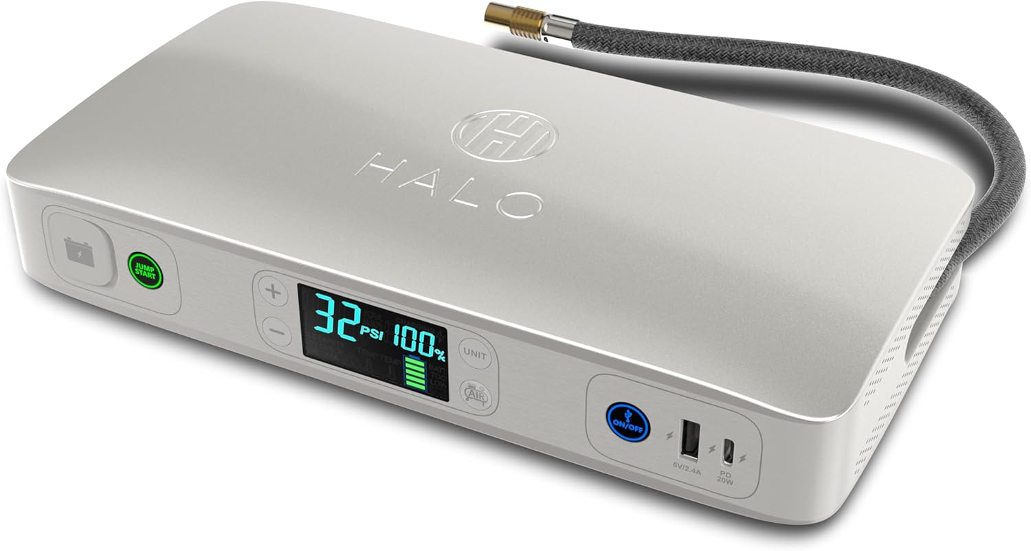 HALO Bolt Ultimate 2 Portable Car Battery Jump Starter | 130 PSI Air Compressor, 55.5Wh USB Power Bank with AC Outlet, Emergency Floodlight  Charger, Jumps Cars SUVs  Trucks, Inflates Tires — Gray