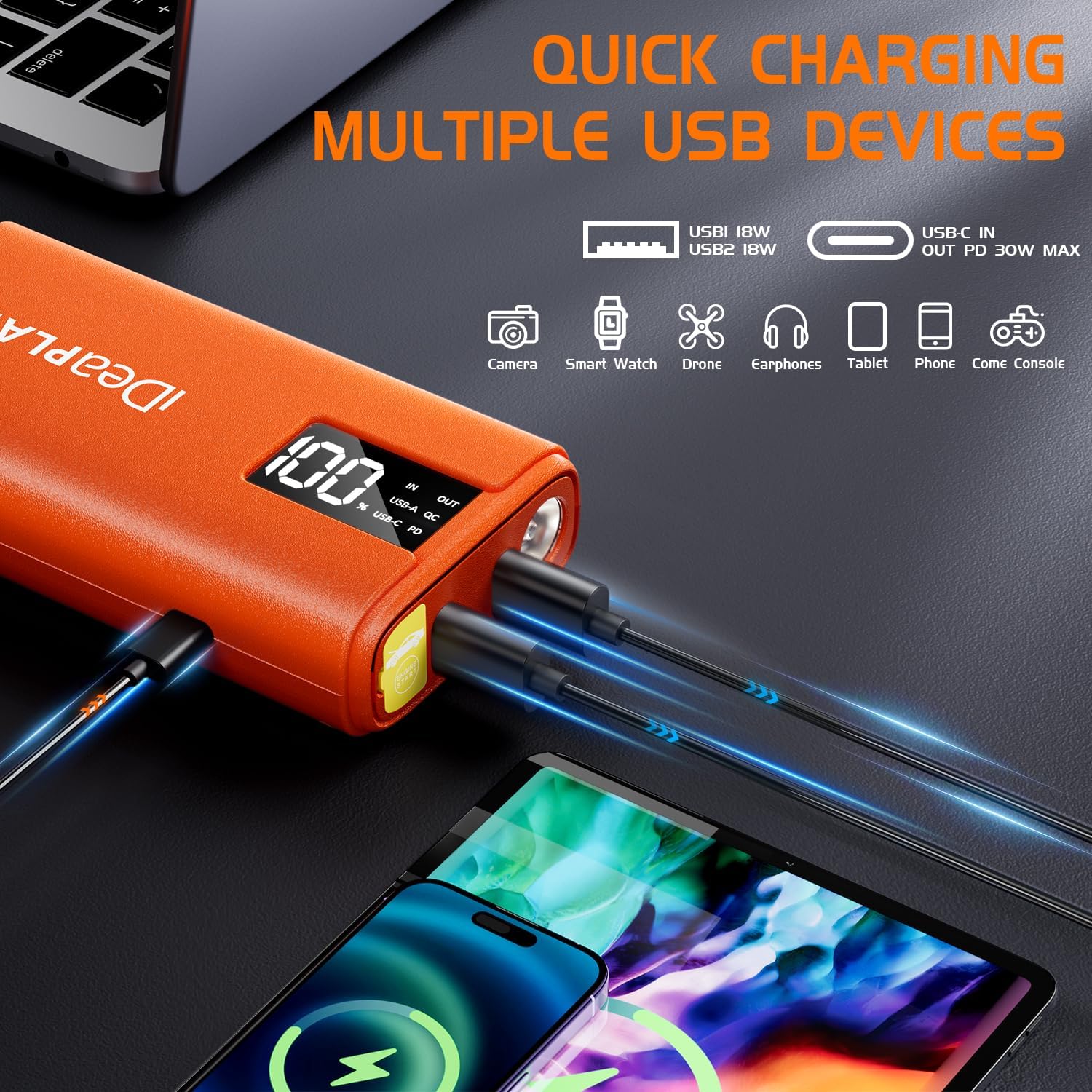 IDEAPLAY J10 Jump Starter, 2000A 12V Car Battery Jump Starter Portable for Up to 8.0L Gas and 7.0L Diesel Engine, Jump Box with Jumper Cables, Type C Fast Charging Battery Jumper with LED Flashlight