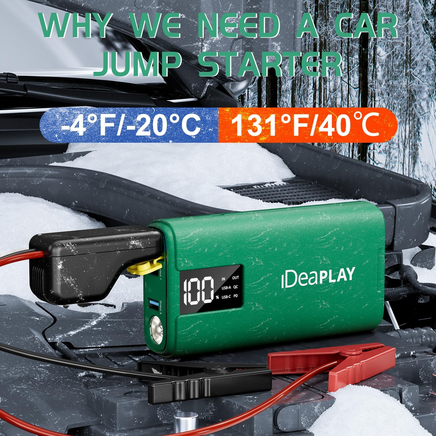 IDEAPLAY J10 Jump Starter, 2000A 12V Car Battery Jump Starter Portable for Up to 8.0L Gas and 7.0L Diesel Engine, Jump Box with Jumper Cables, Type C Fast Charging Battery Jumper with LED Flashlight