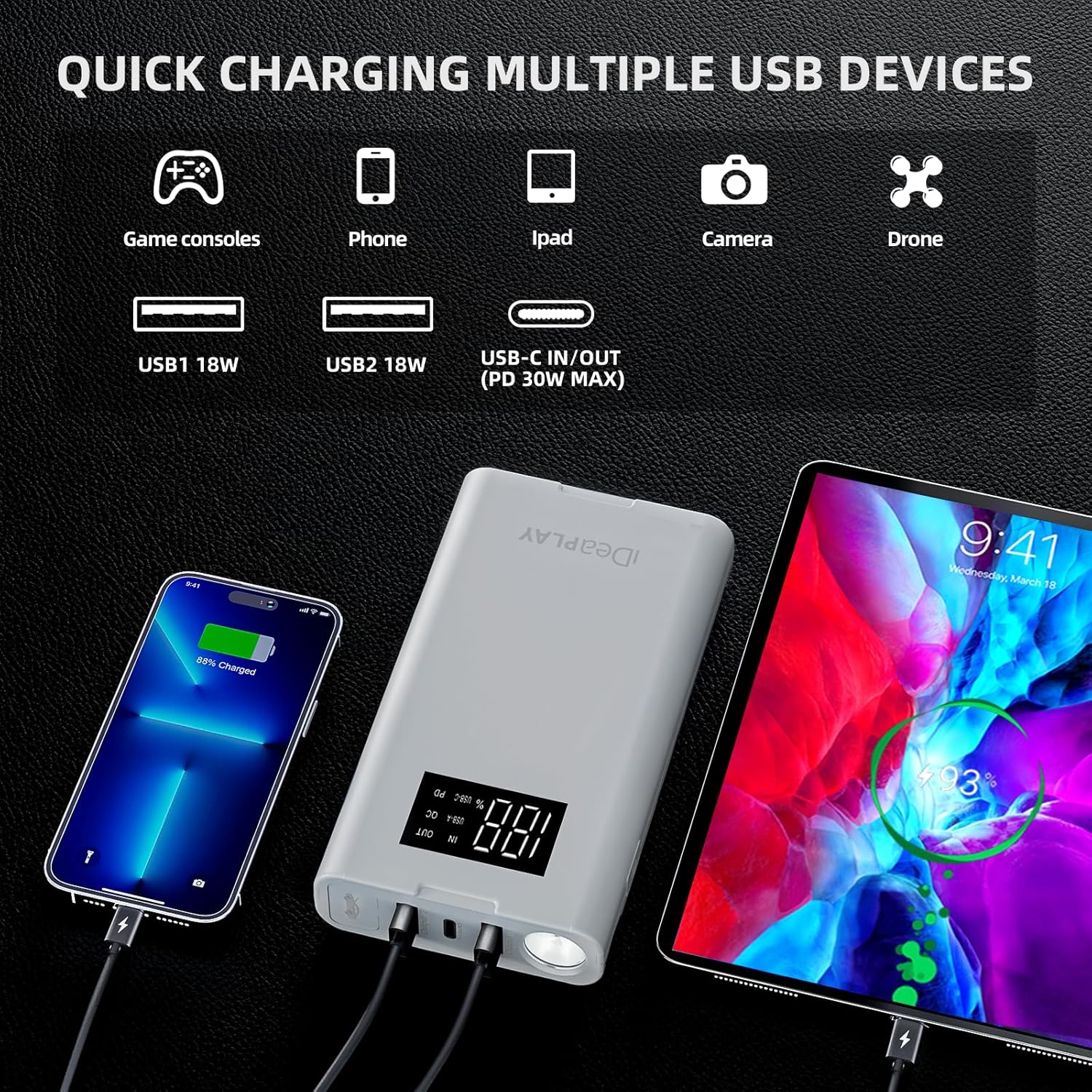 IDEAPLAY Jump Starter, 1500A Car Battery Jump Starter Portable for Up to 7.0L Gas and 5.5L Diesel Engine,Type C Fast Charging Battery Jumper with LED Flashlight