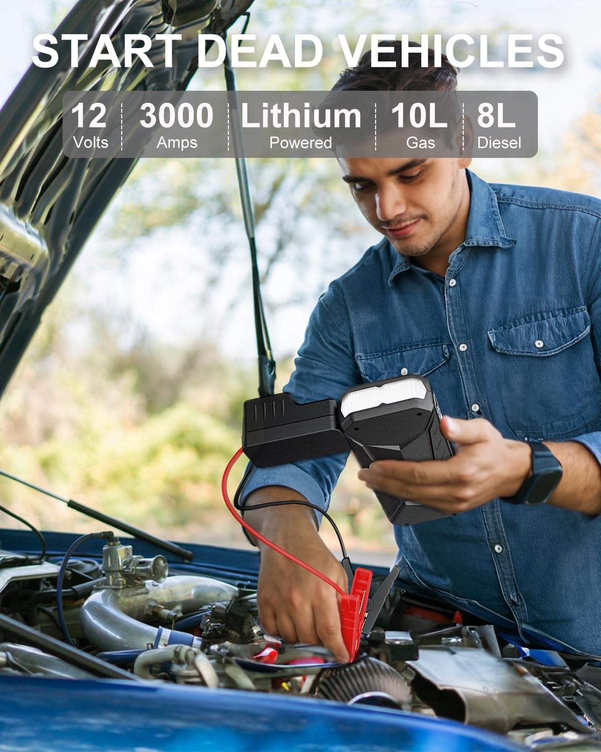 Jump Starter 3000A, Battery Jump Starter Portable Jump Starter Battery Pack 12V Jump Starter Box for Up to 10.0L Gas or 8.0L Diesel Engine with USB Quick Charge, LED Flashlight