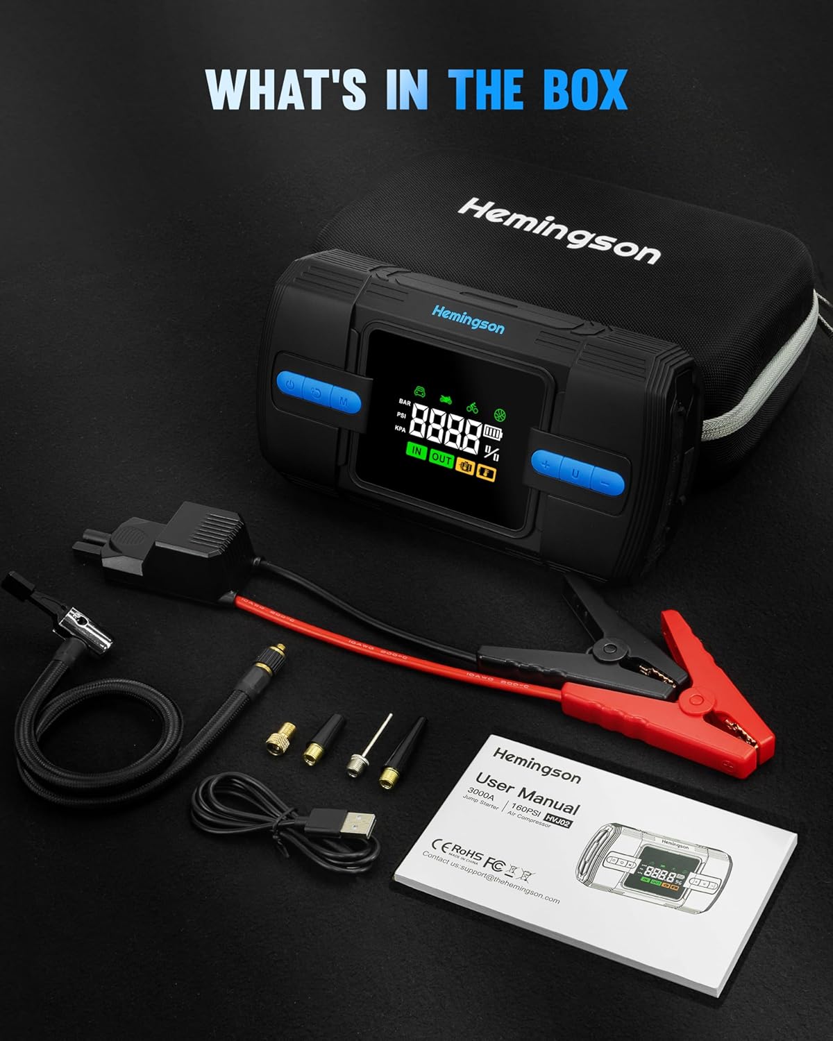 Jump Starter with Air Compressor, 3000A 160PSI Car Battery Jump Starter for 9.0L Gas  8.0L Diesel Engines, 12V Portable Car Jumper with LCD Display  4-Mode LED Flashlight