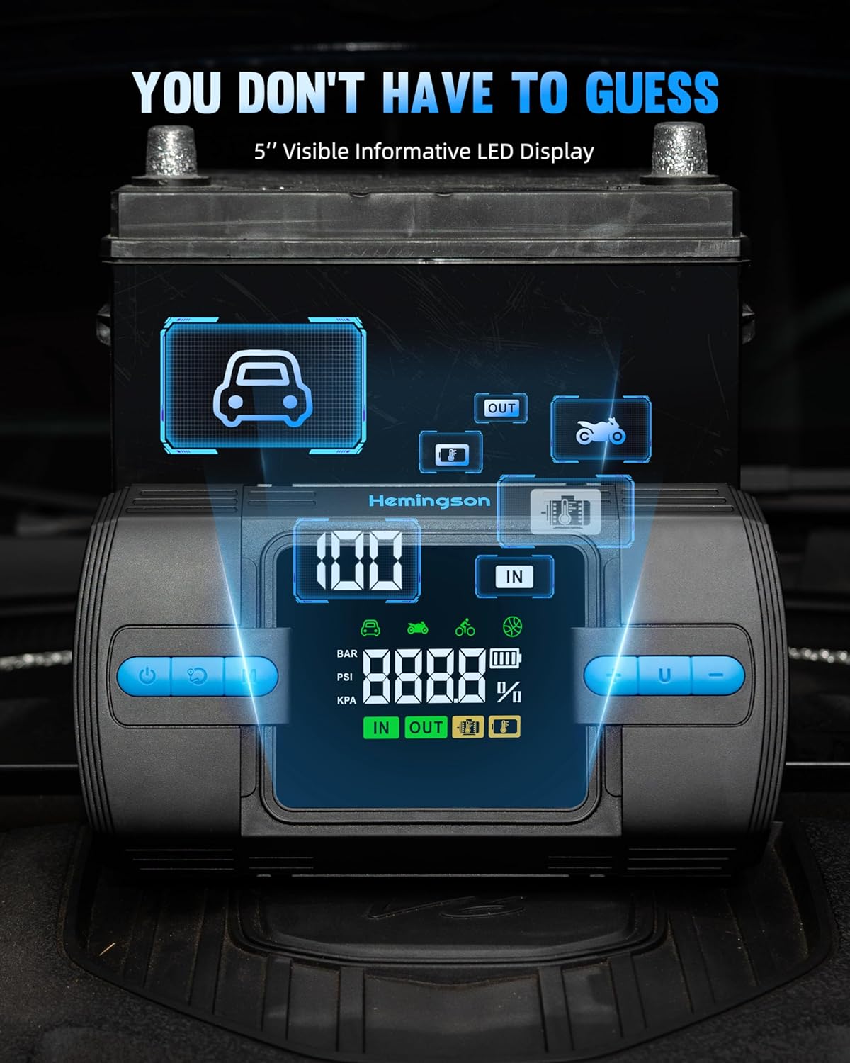 Jump Starter with Air Compressor, 3000A 160PSI Car Battery Jump Starter for 9.0L Gas  8.0L Diesel Engines, 12V Portable Car Jumper with LCD Display  4-Mode LED Flashlight