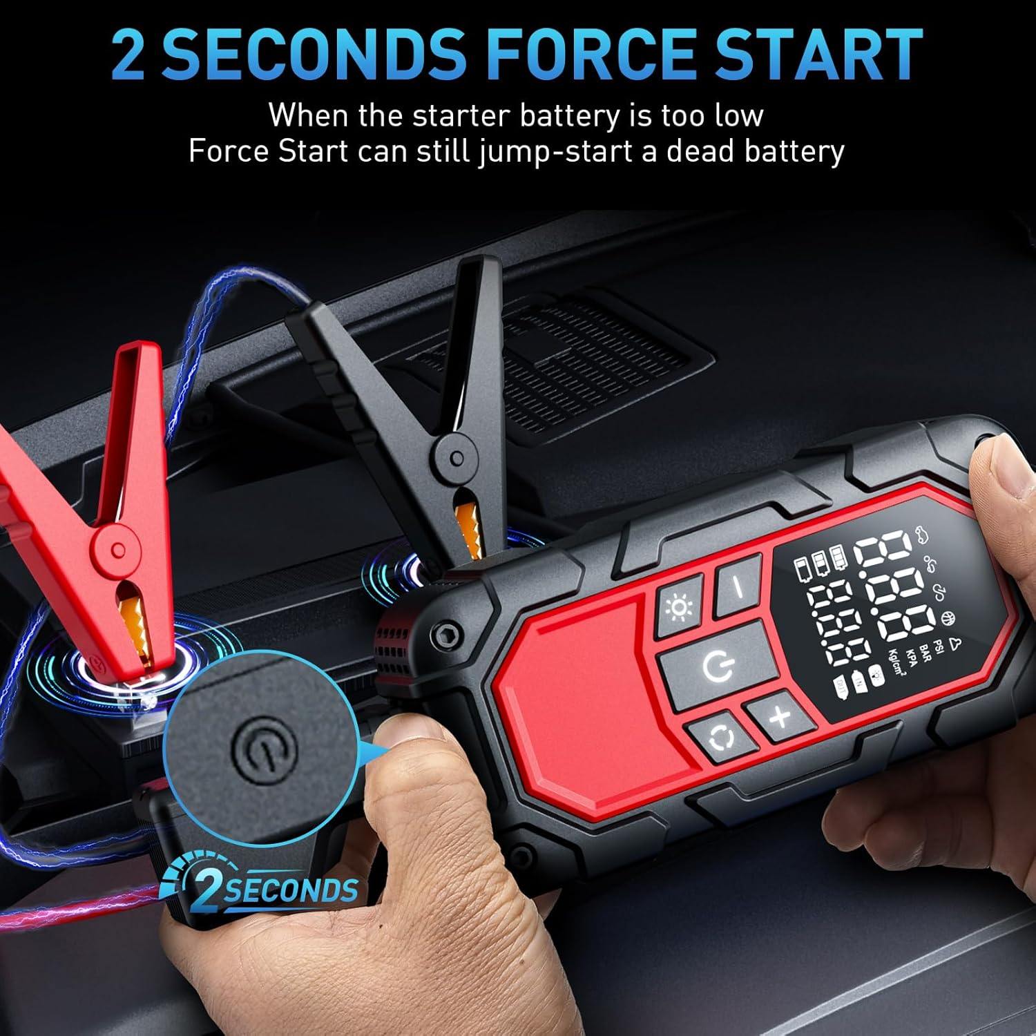 Jump Starter with Air Compressor,3000A car Battery Jump Starter (9.0 Gasoline/6.5L Diesel) with 150PSI Digital tire inflator Portable,12V Power Pack Car Jump Box Charger with LCD Display, Lights