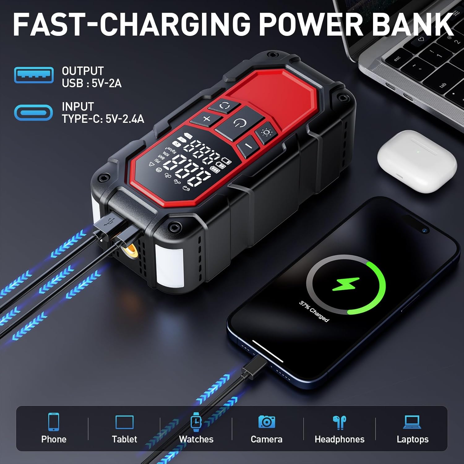 Jump Starter with Air Compressor,3000A car Battery Jump Starter (9.0 Gasoline/6.5L Diesel) with 150PSI Digital tire inflator Portable,12V Power Pack Car Jump Box Charger with LCD Display, Lights