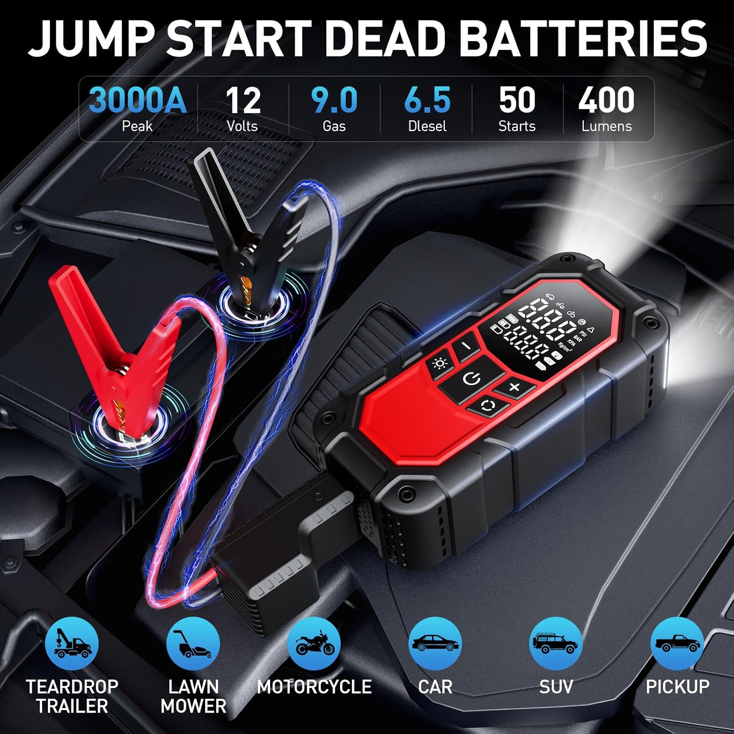 Jump Starter with Air Compressor,3000A car Battery Jump Starter (9.0 Gasoline/6.5L Diesel) with 150PSI Digital tire inflator Portable,12V Power Pack Car Jump Box Charger with LCD Display, Lights