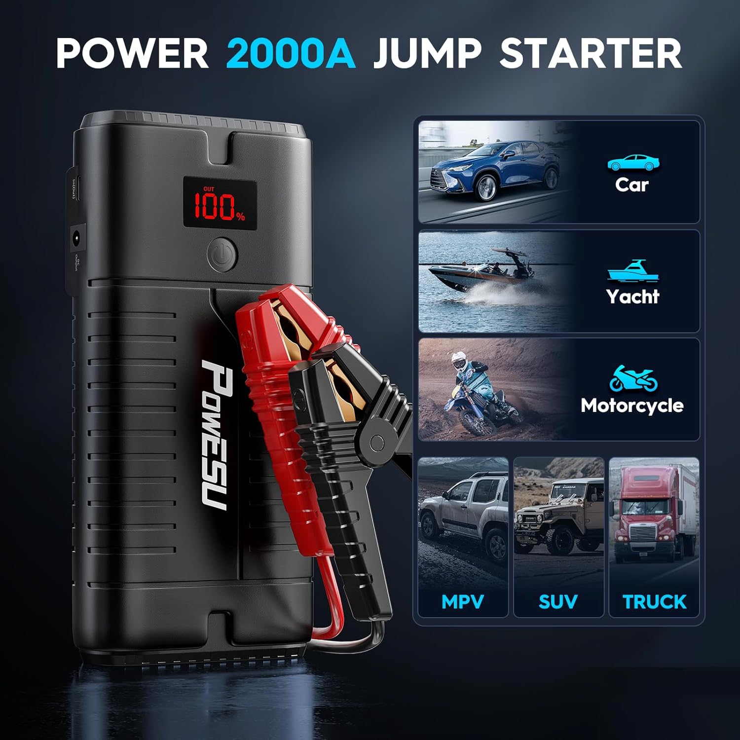 Jump Starters 2000A 18000mah (Up to 8.0L Gas or 7.5L Diesel Engine) 12V Auto Car Portable Battery Booster Jumper Cable Power Box Pack
