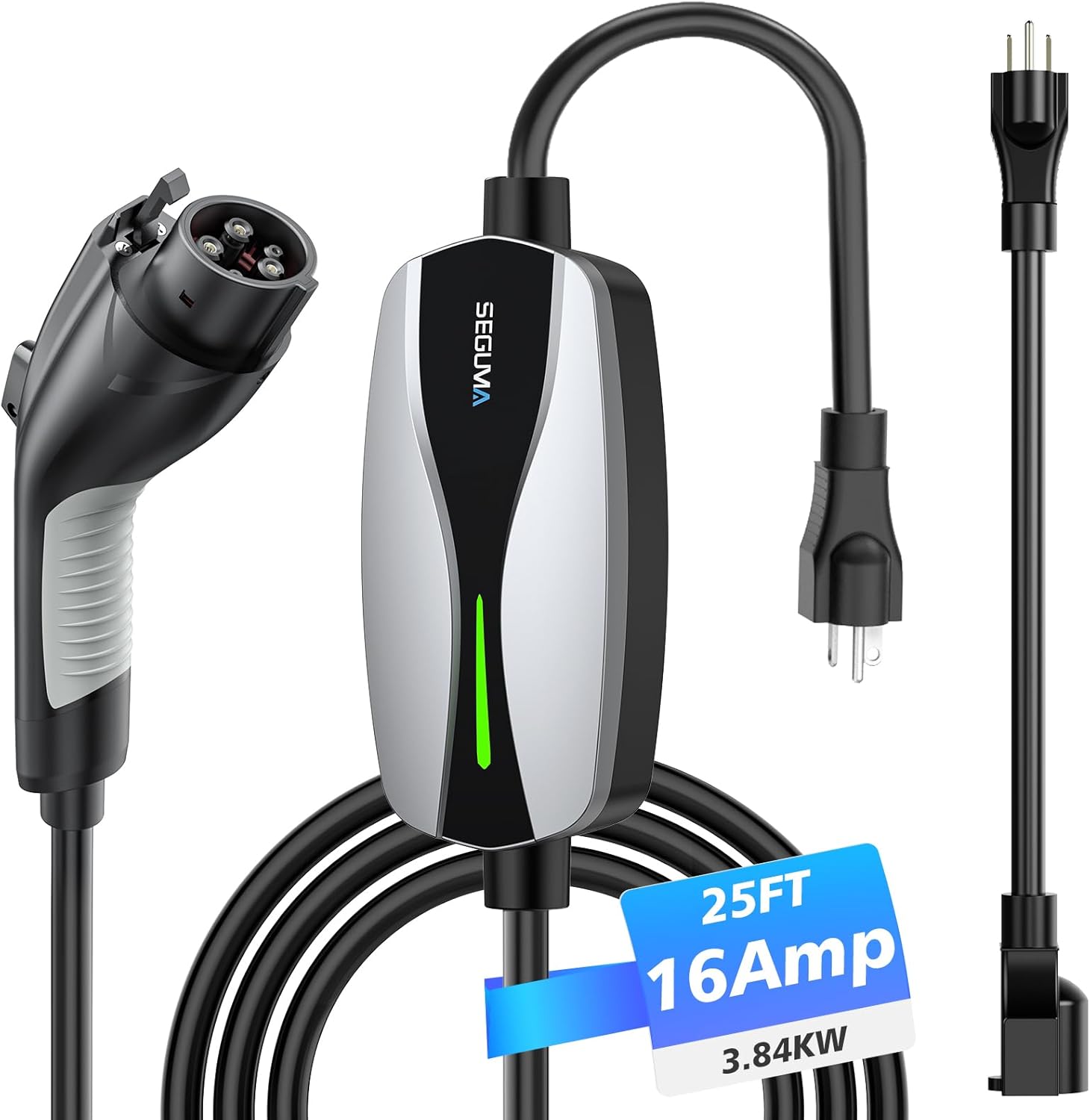 Level 1/2 EV Charger, 16Amp Electric Car Charger Portable EV Charger 25FT Cable with NEMA 6-20 Plug and NEMA 5-15 Adapter, Home Mobile EV Charging Station for J1772 BEVs/PHEVs 110V-240V(Silver)