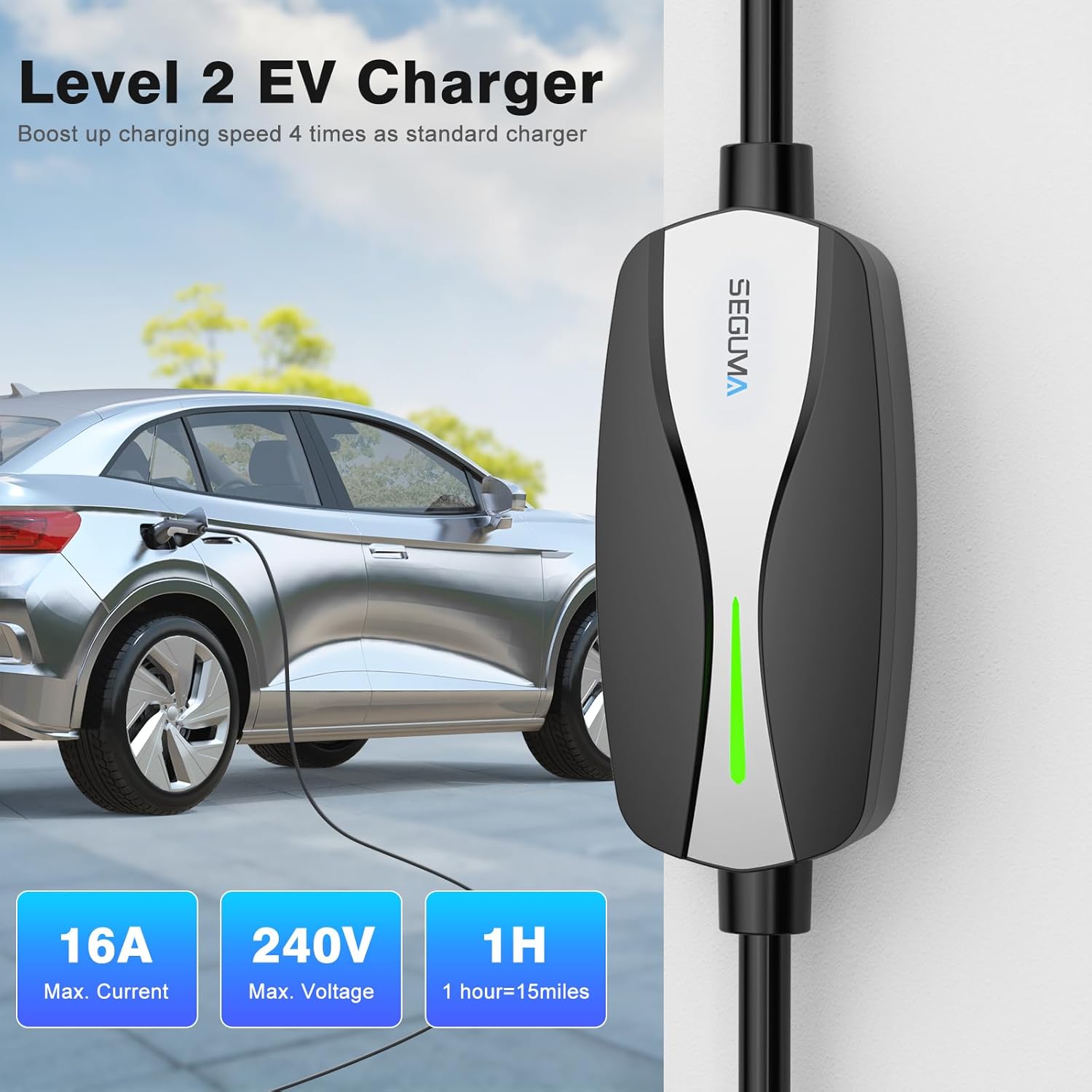 Level 1/2 EV Charger, 16Amp Electric Car Charger Portable EV Charger 25FT Cable with NEMA 6-20 Plug and NEMA 5-15 Adapter, Home Mobile EV Charging Station for J1772 BEVs/PHEVs 110V-240V(Silver)